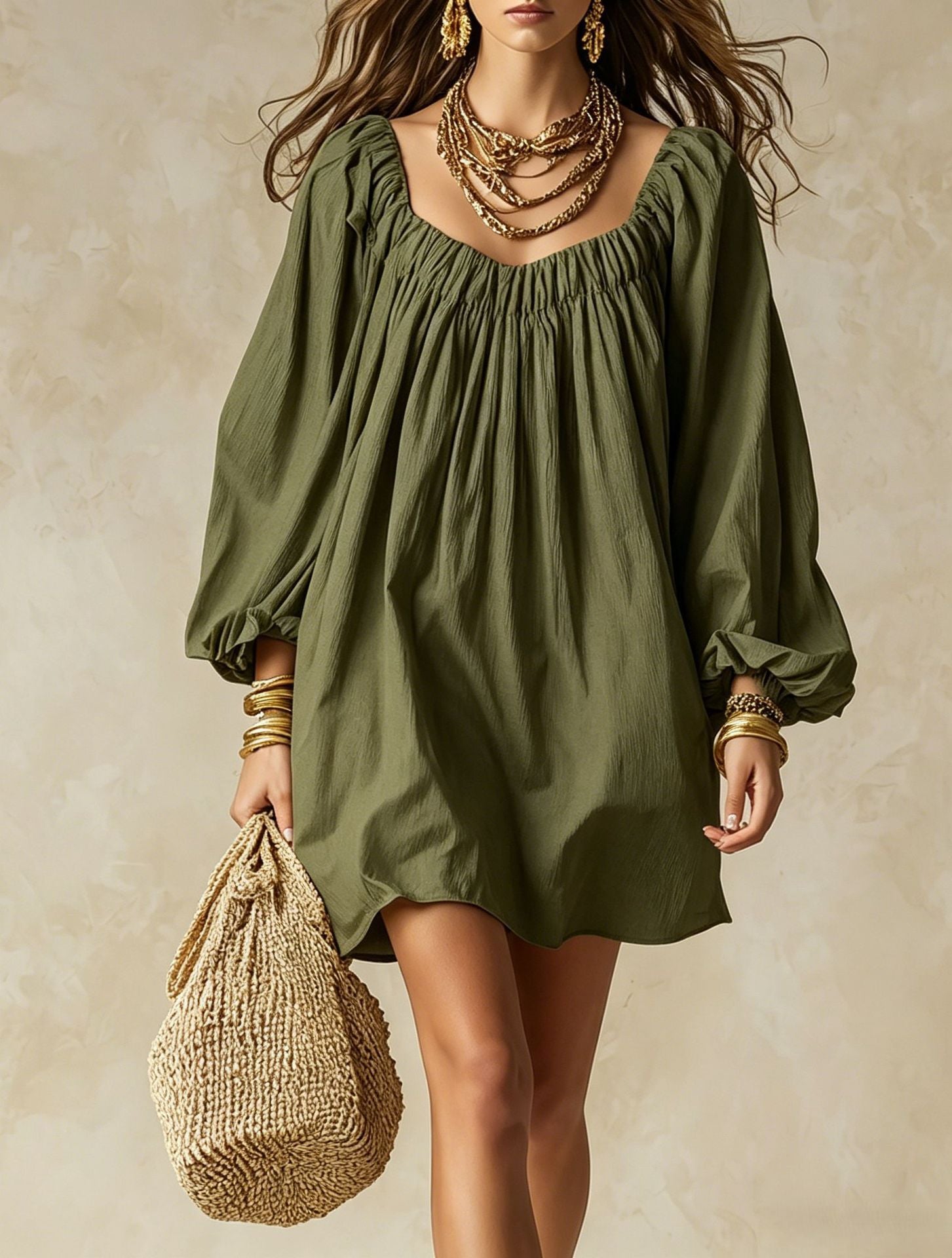 Abito mini oversize scollo arricciato maniche palloncino - Verde oliva | Bella di Roma