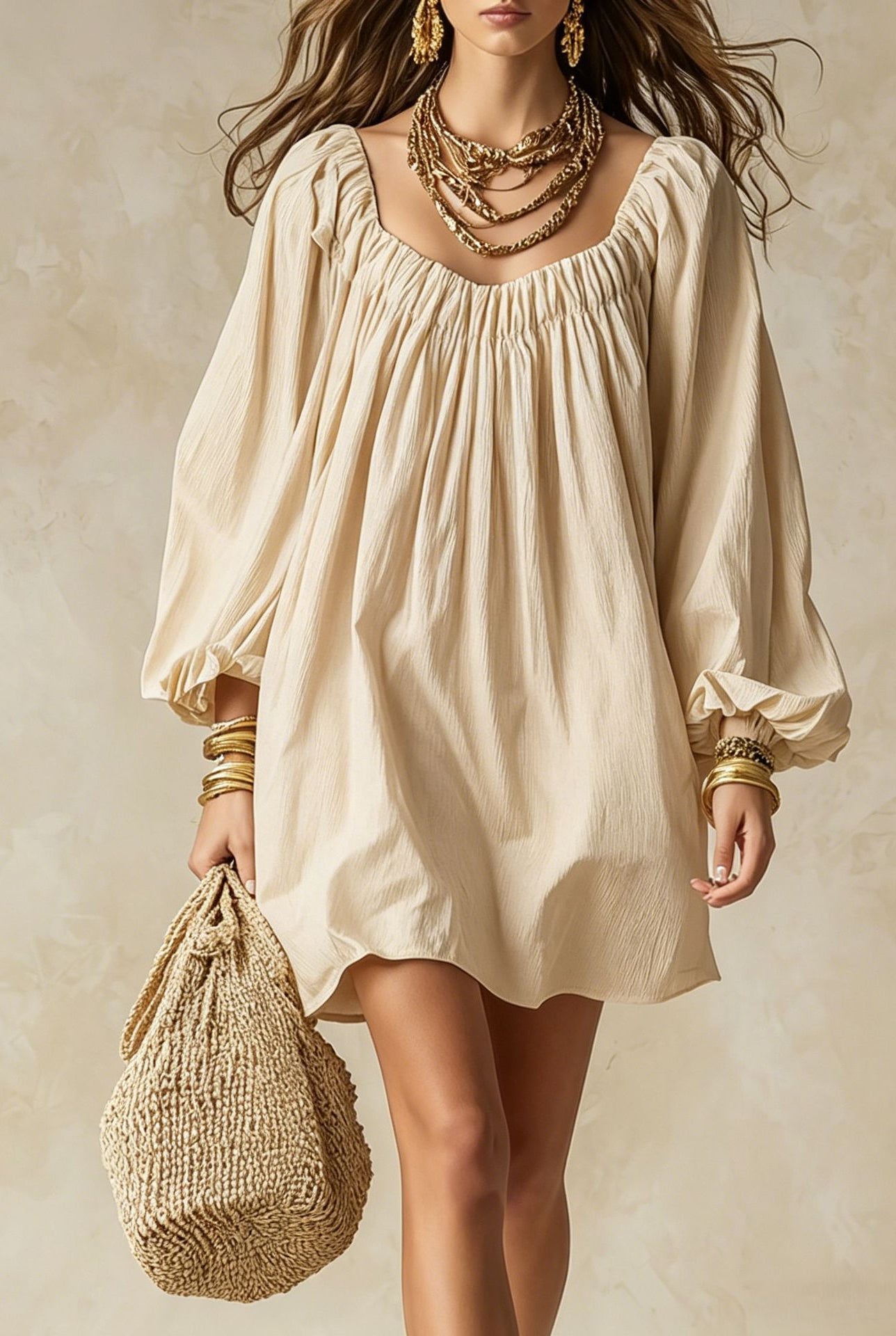Abito mini oversize scollo arricciato maniche palloncino - Crema | Bella di Roma