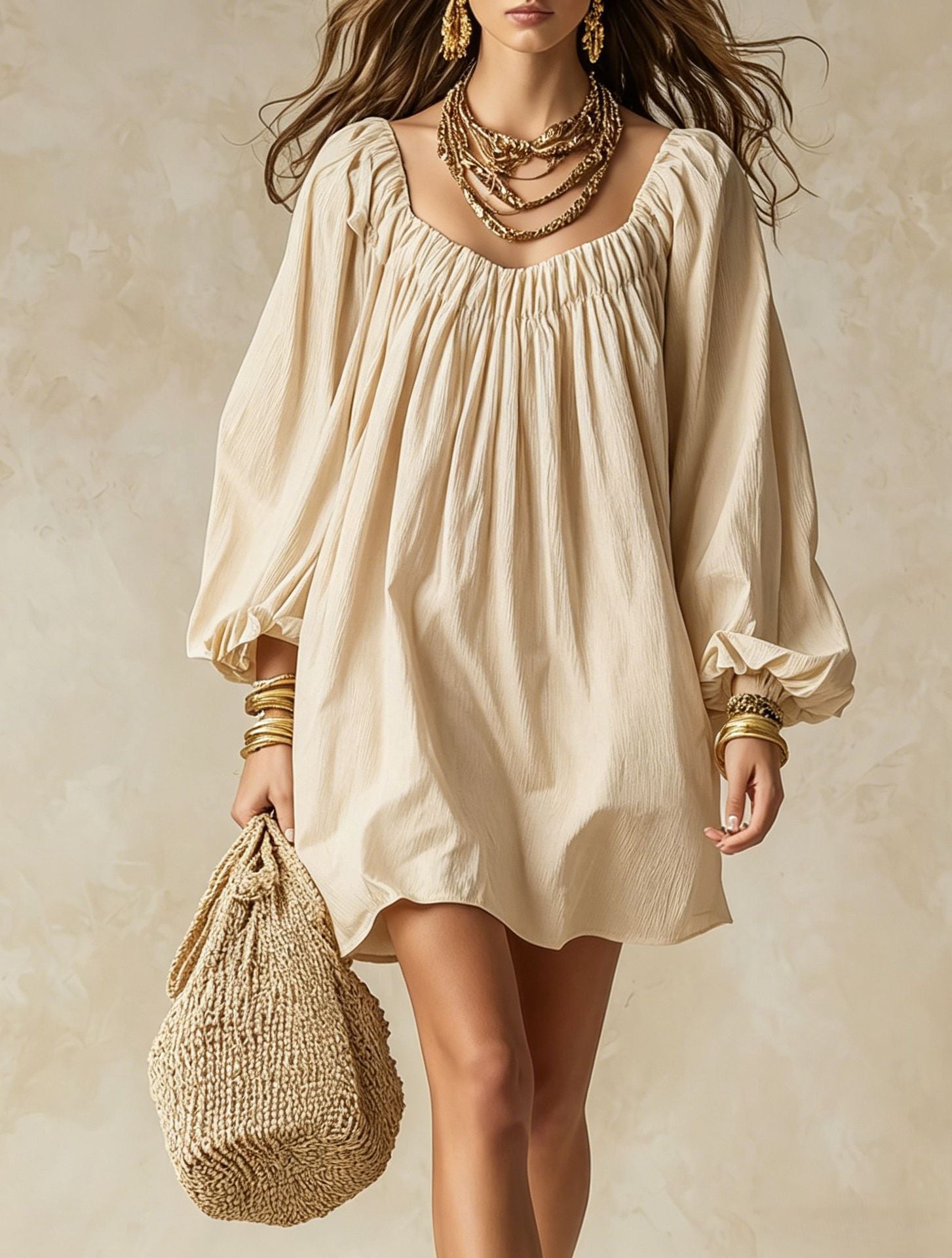 Abito mini oversize scollo arricciato maniche palloncino - Crema | Bella di Roma
