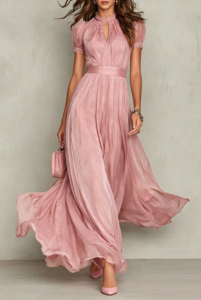 Abito Maxi Romantico Maniche Palloncino Rosa Cipria | Bella di Roma
