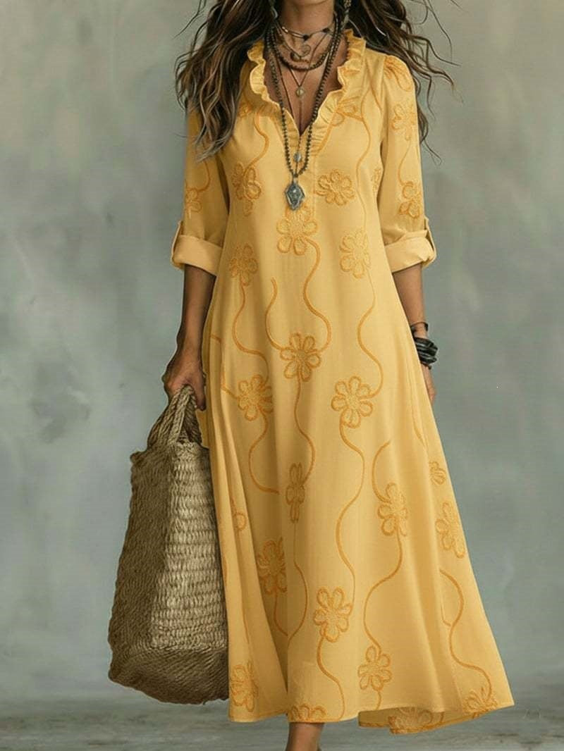 Abito maxi in lino ocra con scollo a V e maniche lunghe - Bella di Roma
