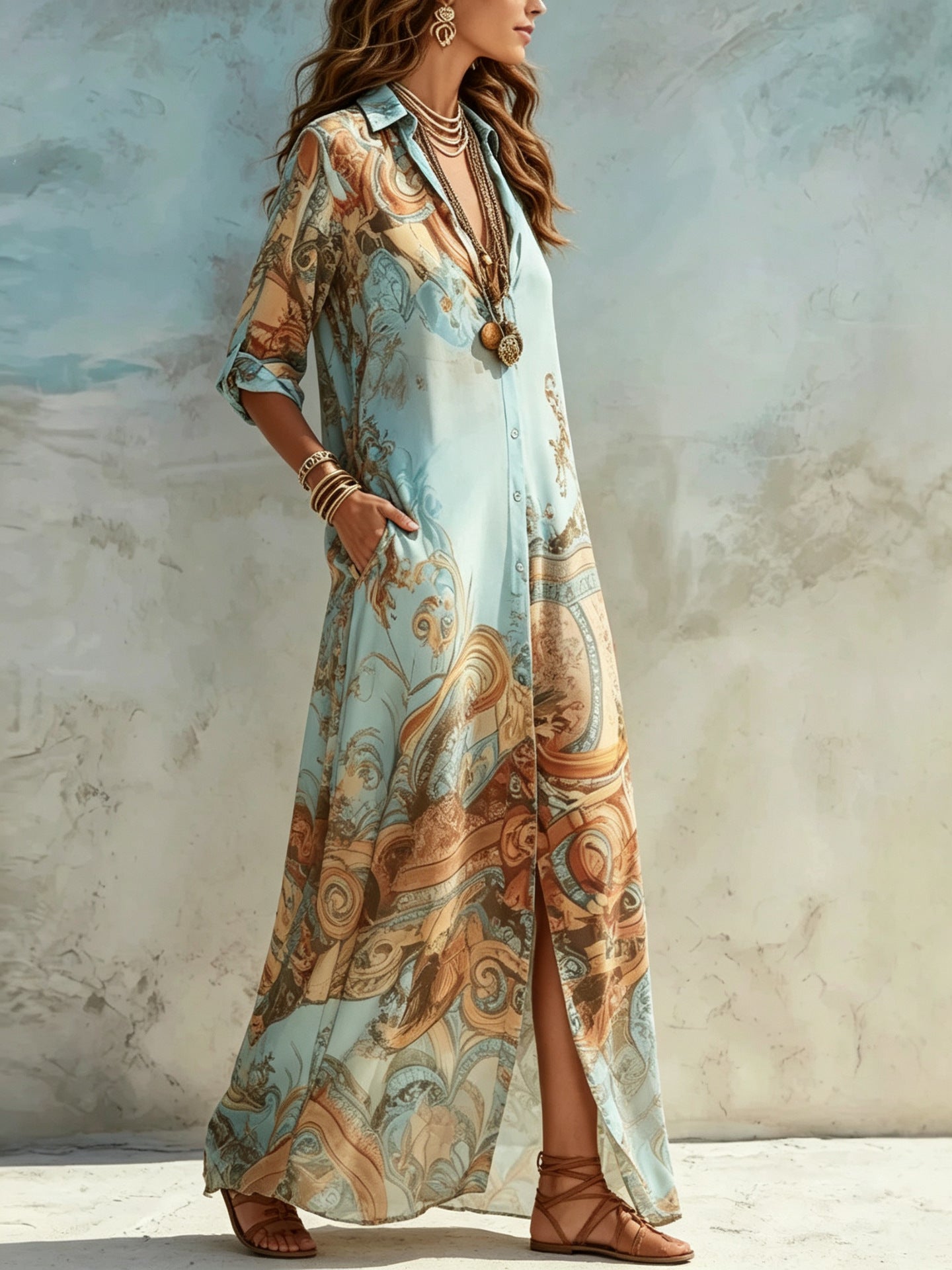 Vestito lungo paisley azzurro, vista intera del modello