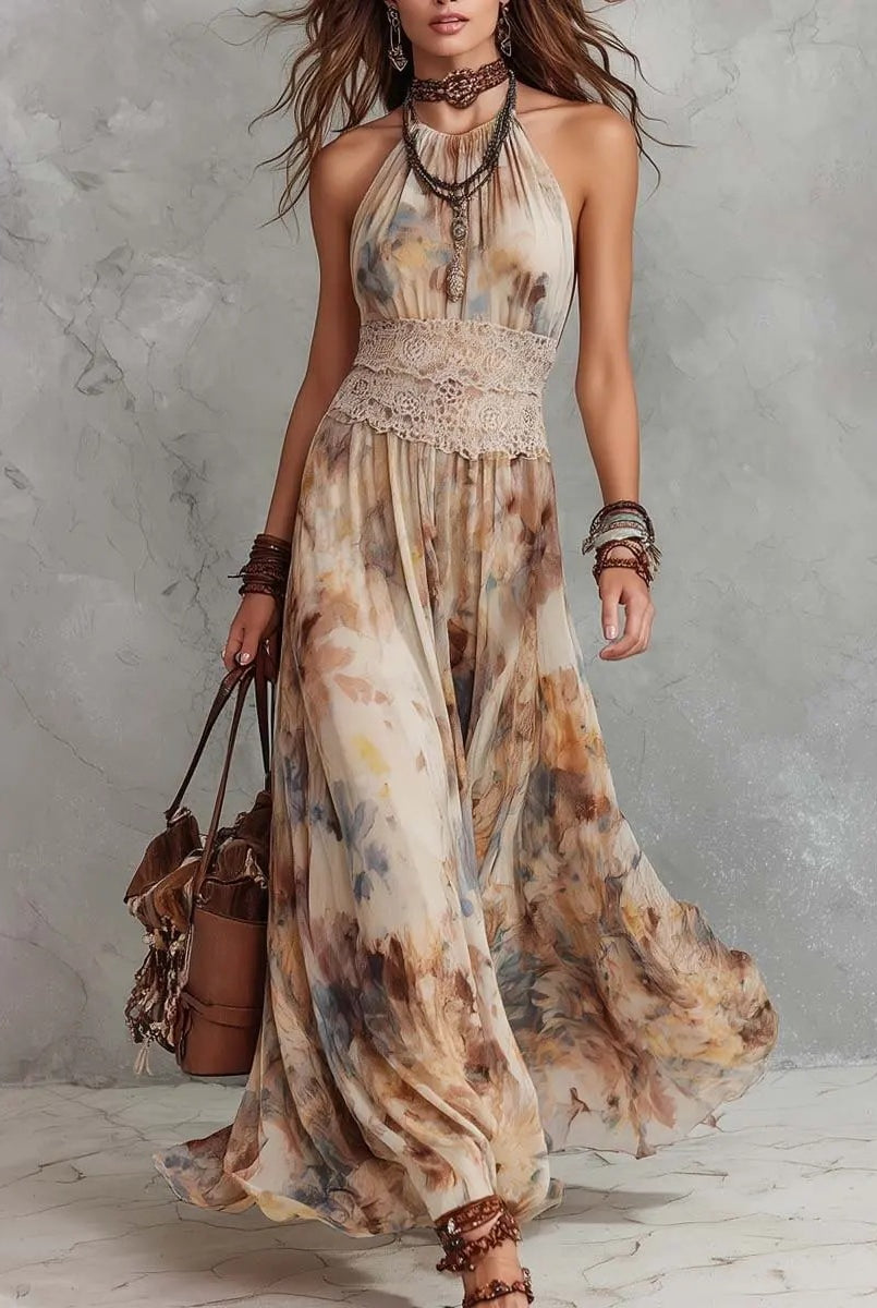 Vestito maxi floreale Aurora nei toni sabbia con scollo all'americana, indossato con borsa in cuoio