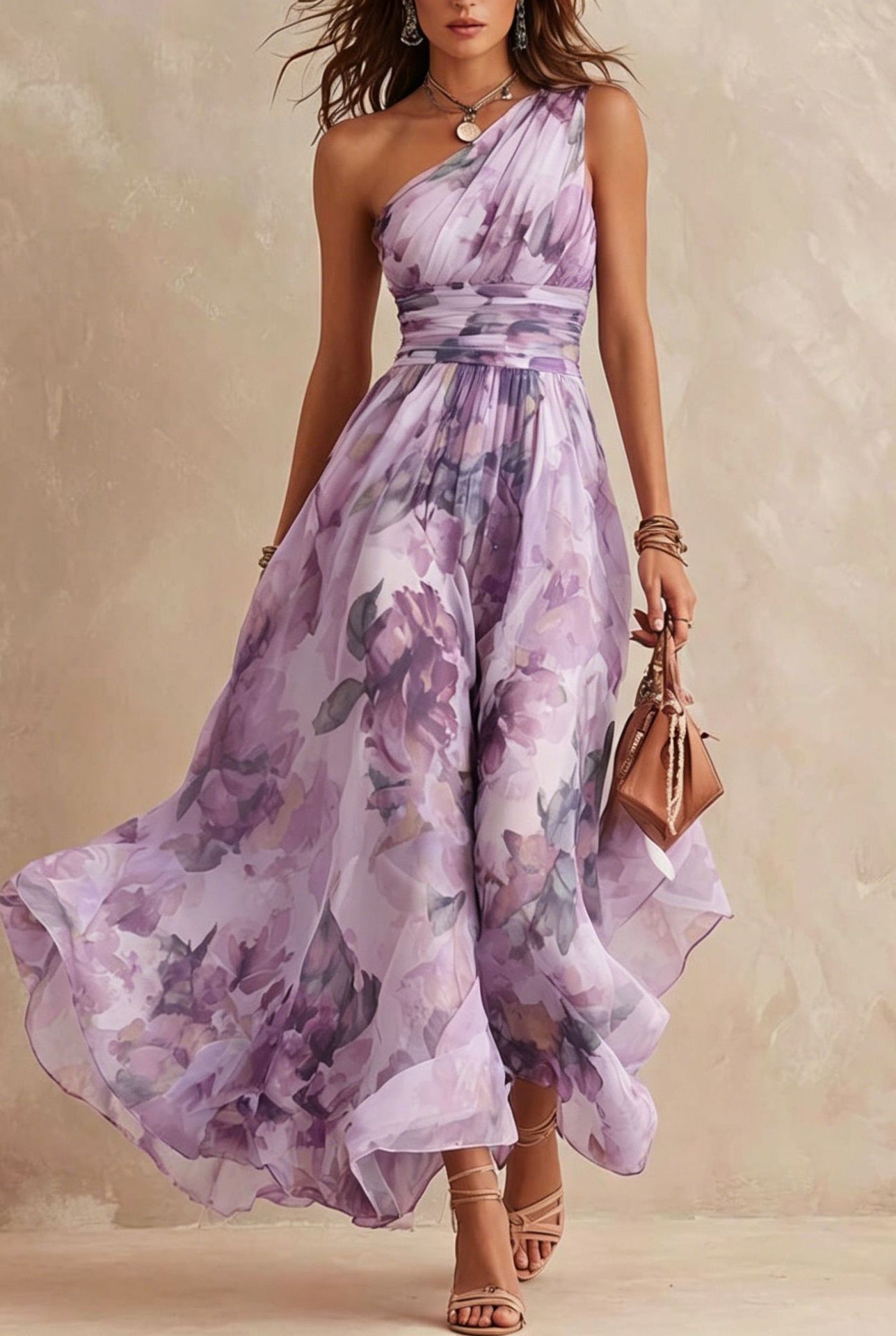 Vestito maxi floreale monospalla Aurora in Lilla con fiori viola - Bella di Roma