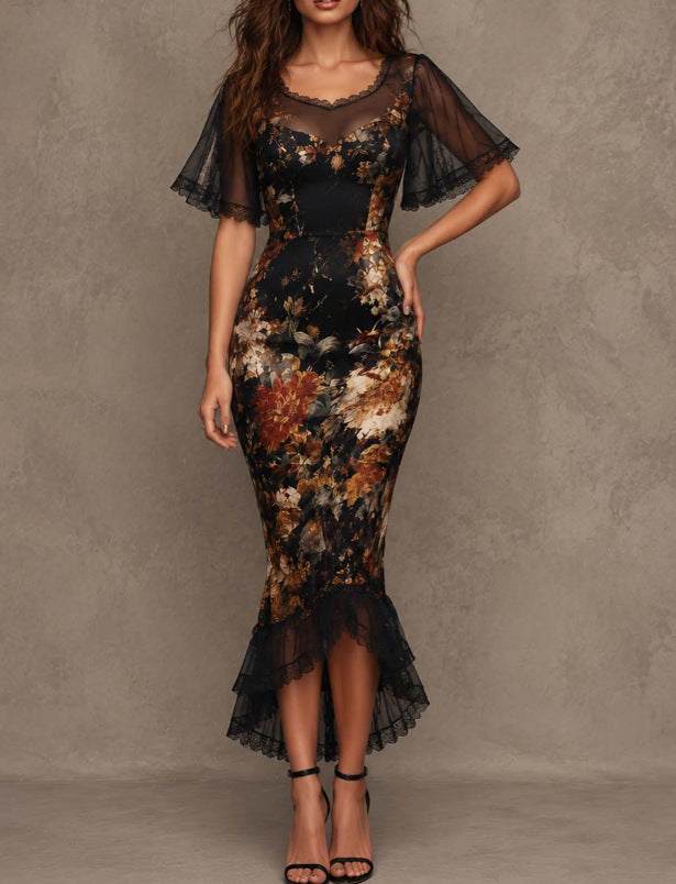 Abito midi nero a fiori con spalle scoperte e linea a sirena