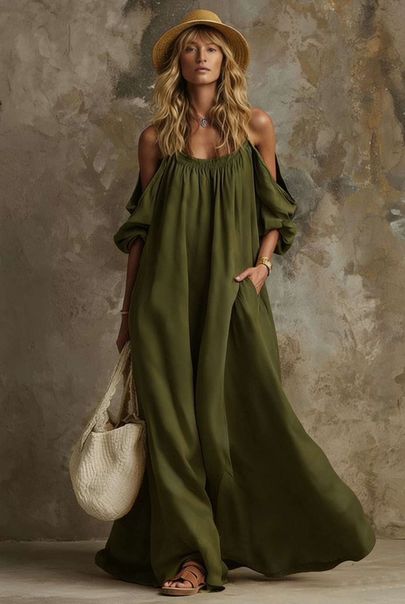 Abito Maxi Boho Off-Shoulder Maniche Palloncino Verde Oliva | Bella di Roma