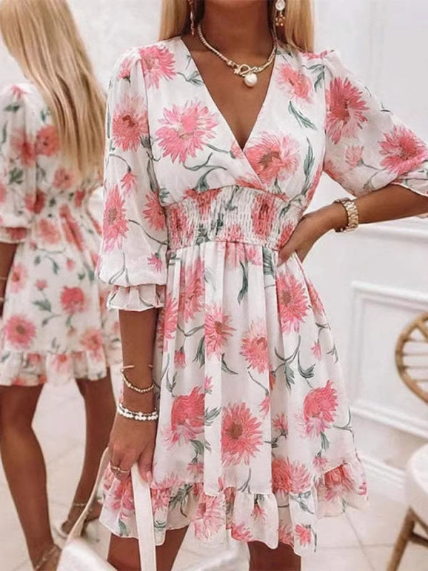 Abito floreale midi manica lunga bianco con fiori colorati | Bella di Roma