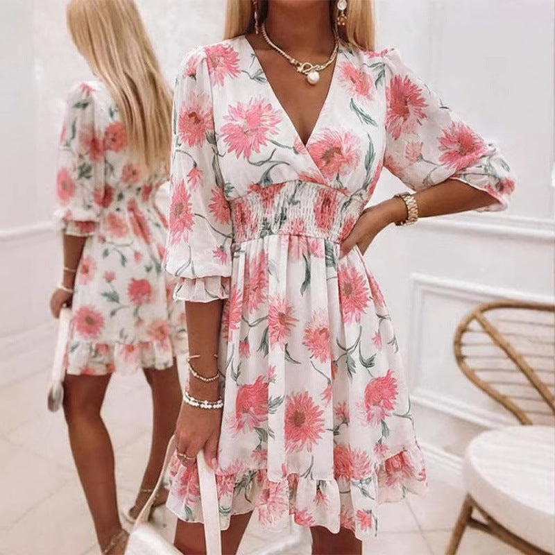 Abito floreale midi manica lunga bianco con fiori colorati | Bella di Roma