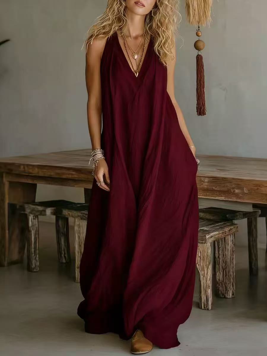 Abito lungo con spalline sottili e scollo a V, colore bordeaux
