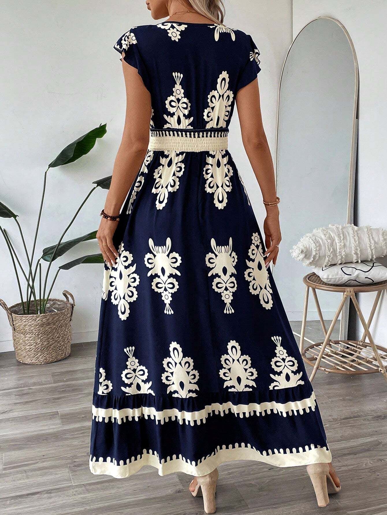 Vestito maxi blu con ricamo etnico avorio e gonna a balze
