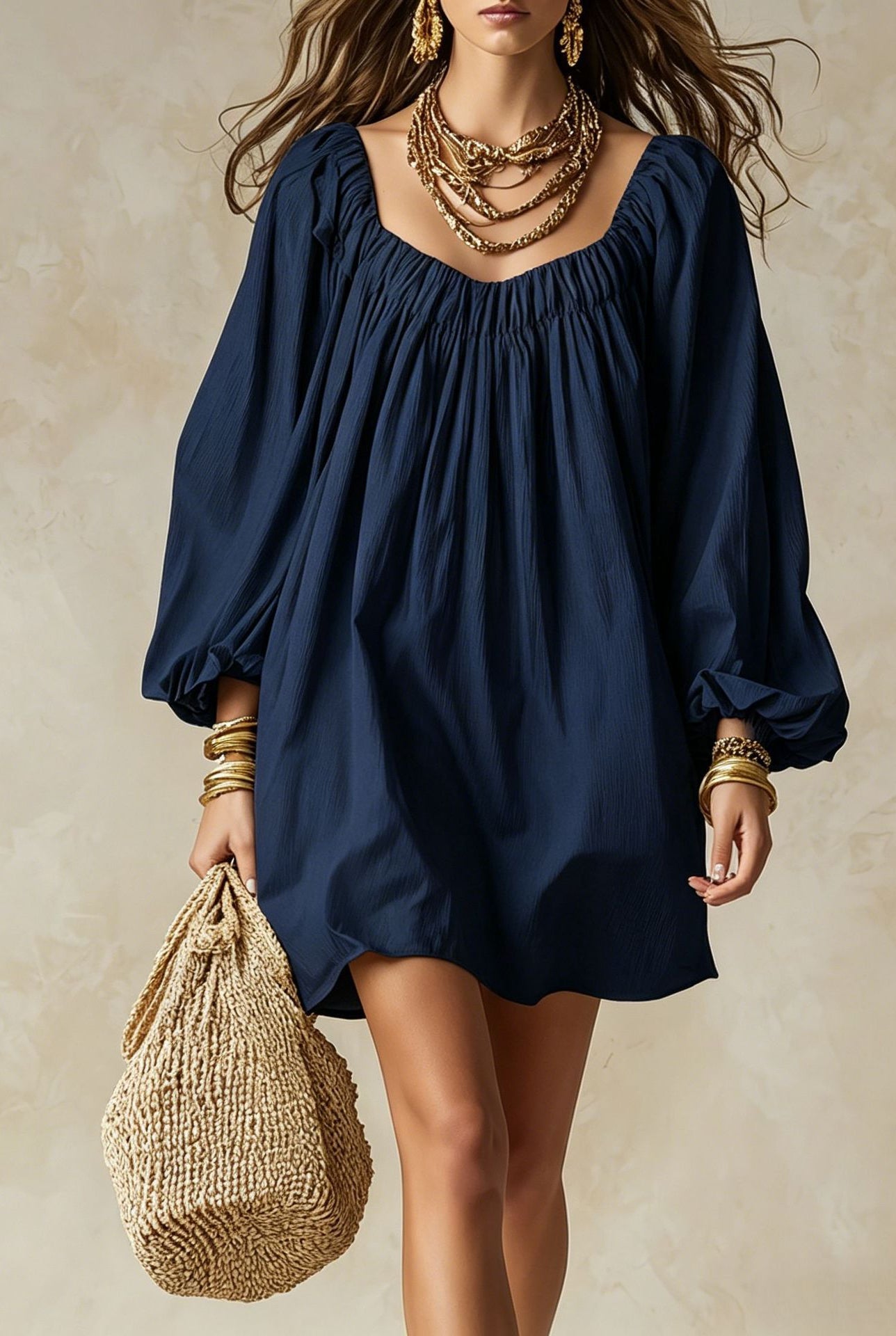 Abito mini oversize scollo arricciato maniche palloncino - Blu navy | Bella di Roma