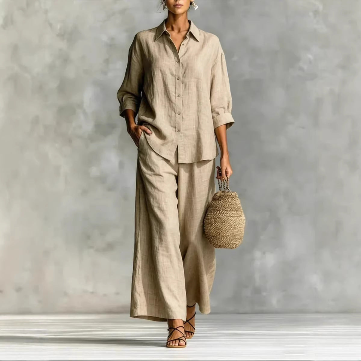 Completo Lino Camicia e Pantalone Palazzo Beige | Bella di Roma