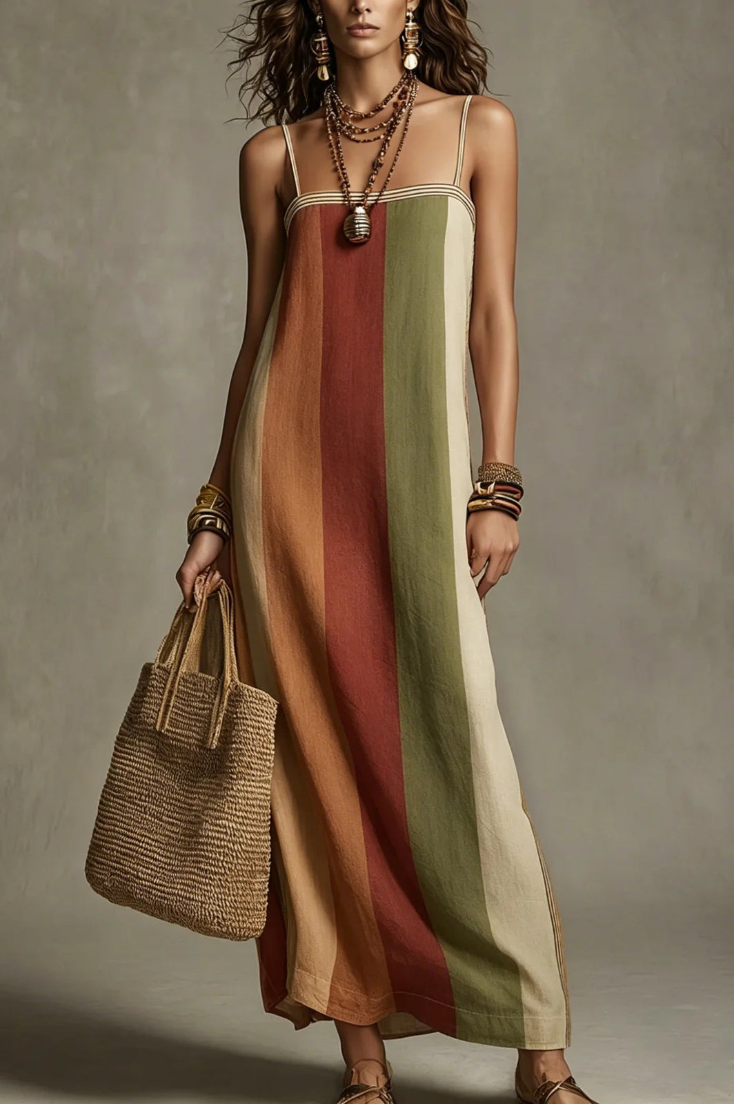 Abito maxi boho colorblock - Cammello / Terracotta | Bella di Roma