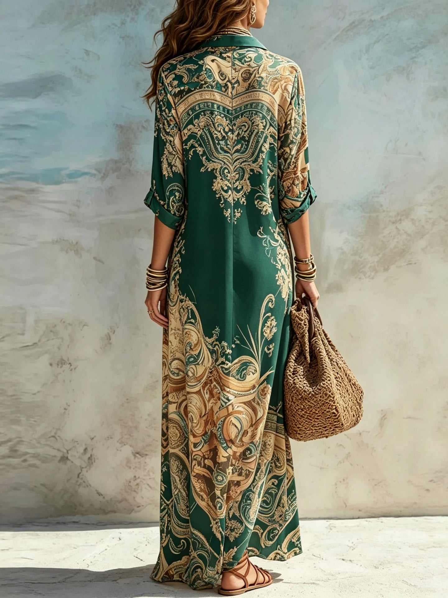 Vestito lungo paisley verde, vista intera del modello