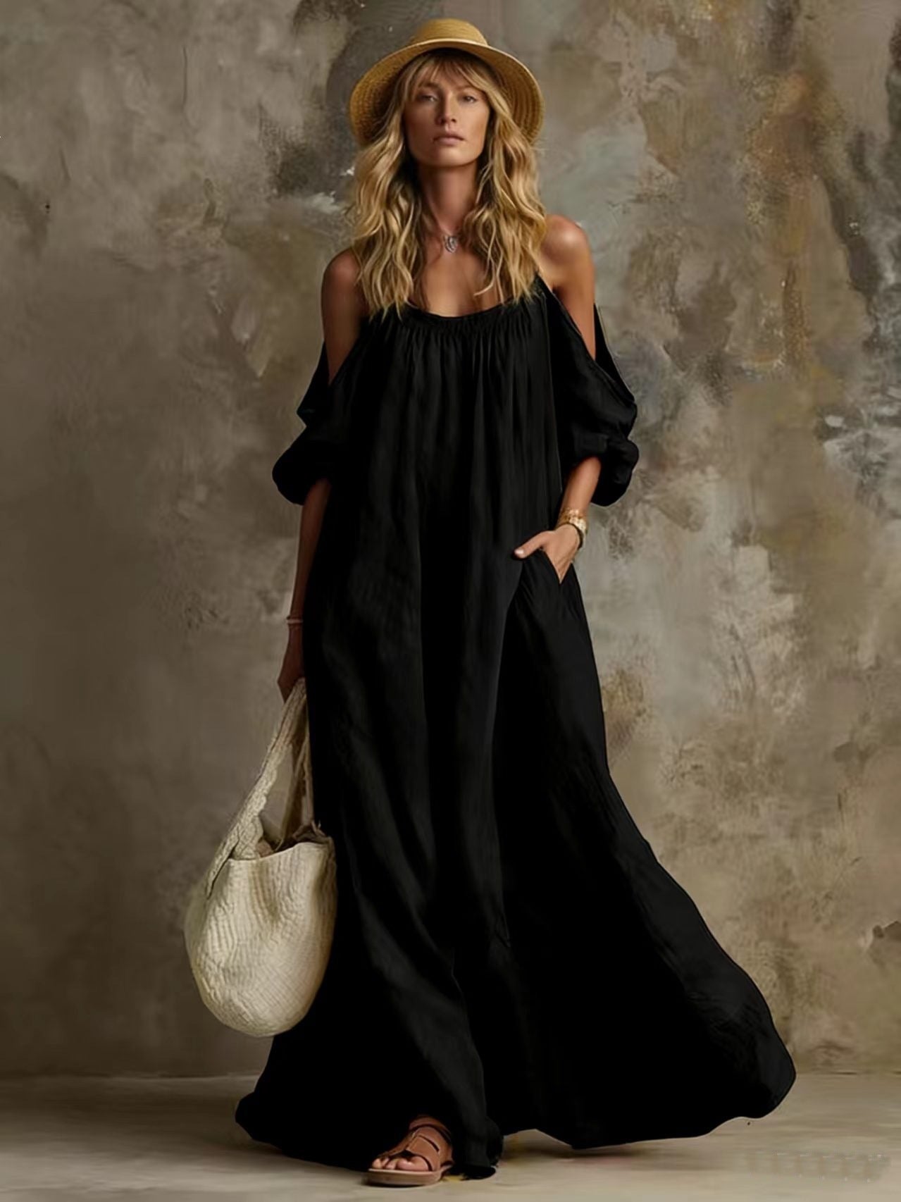 Abito Maxi Boho Off-Shoulder Maniche Palloncino Nero | Bella di Roma