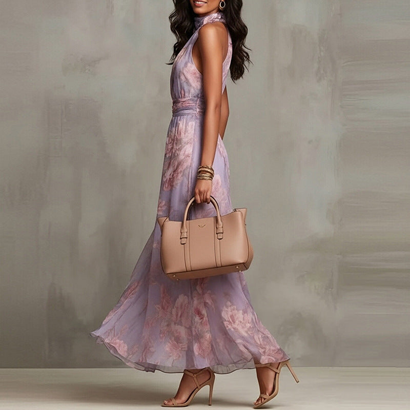 Sofia – Vestito Maxi Floreale con Scollo ad Anello – Lilla Floreale – Vista laterale | Bella di Roma