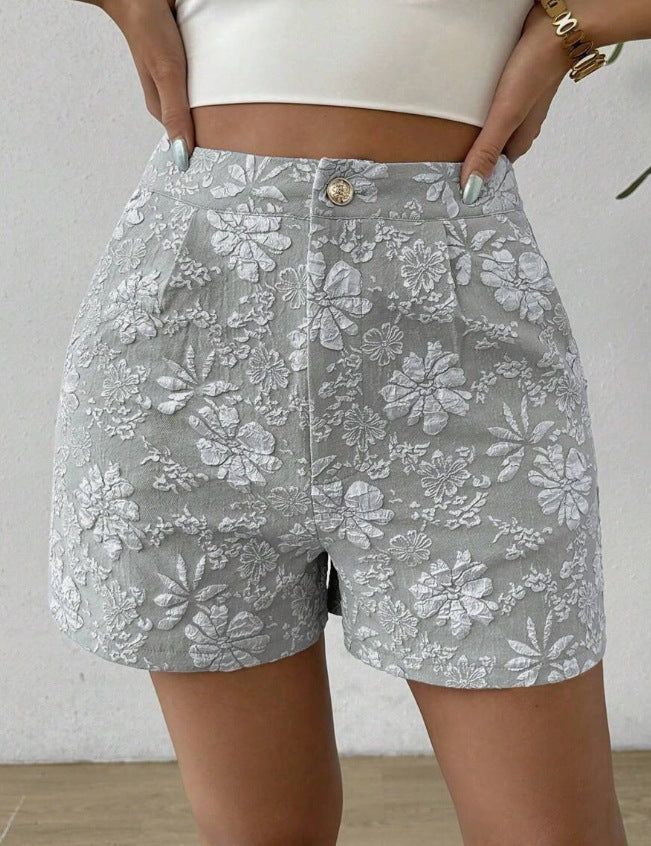 Short floreale in jacquard con bottone - colore grigio | Bella di Roma