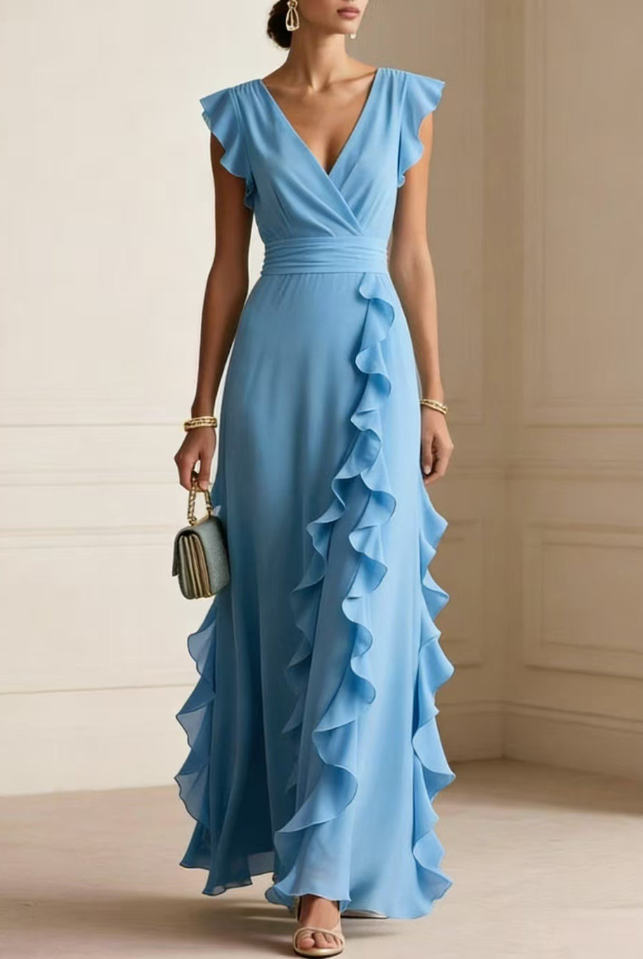Abito maxi elegante azzurro con volant a cascata e scollo a V - Bella di Roma