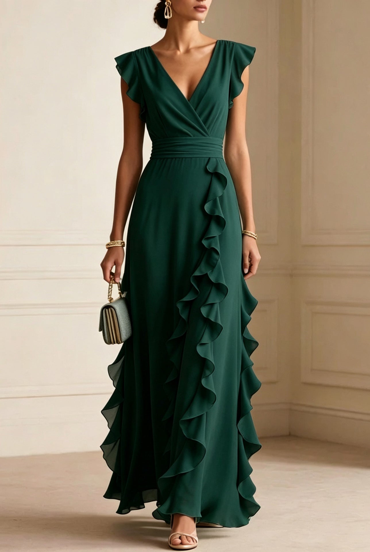 Abito maxi elegante verde scuro con volant a cascata e scollo a V - Bella di Roma