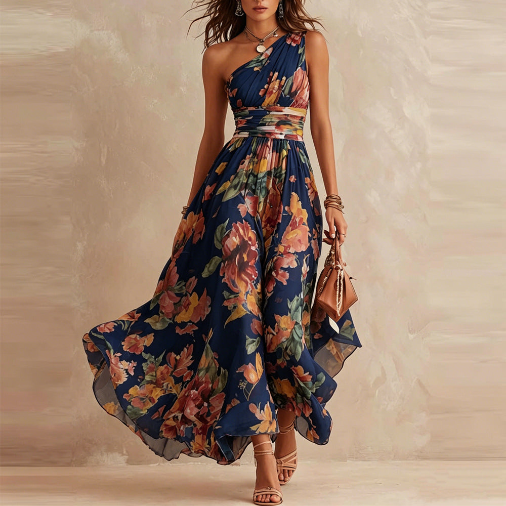 Vestito maxi floreale monospalla Aurora in Blu Navy con fiori arancio e rosso - Bella di Roma