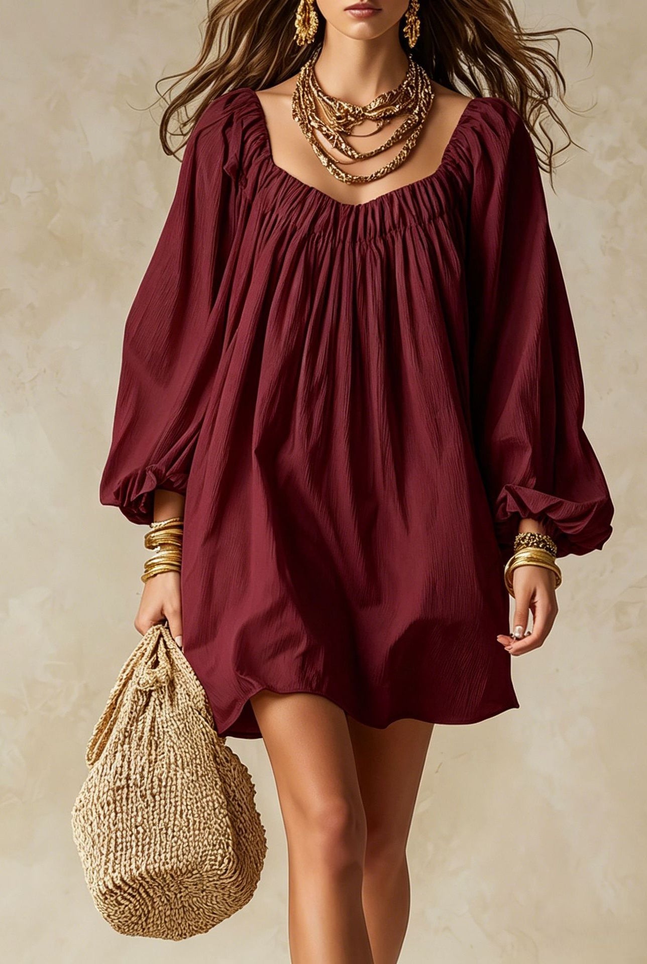 Abito mini oversize scollo arricciato maniche palloncino - Bordeaux | Bella di Roma