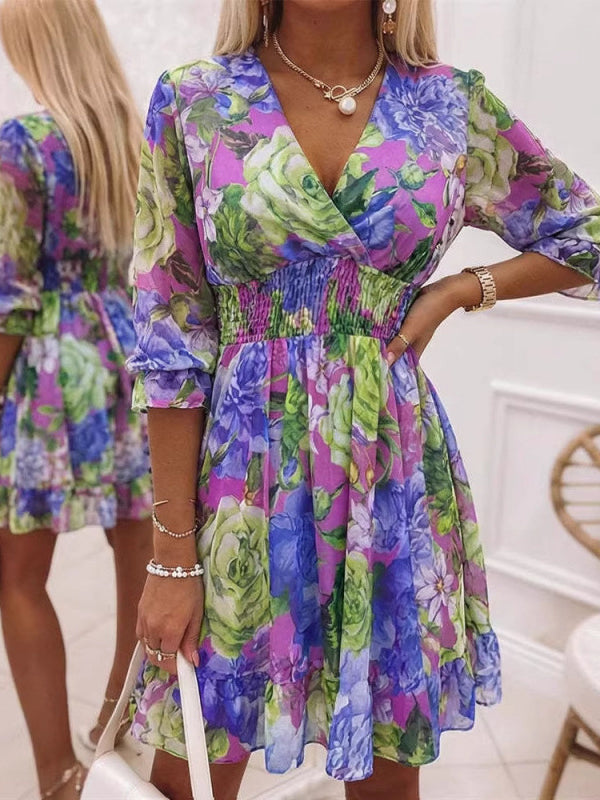 Abito floreale midi manica lunga fantasia viola multicolor | Bella di Roma