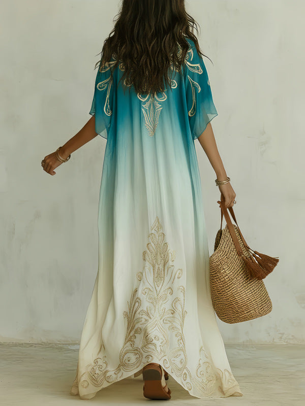 Abito maxi boho ombré azzurro in movimento, stile romantico femminile - Bella di Roma