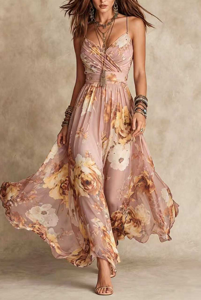 Vestito lungo floreale Ginevra in rosa cipria con scollo a V incrociato e gonna svasata