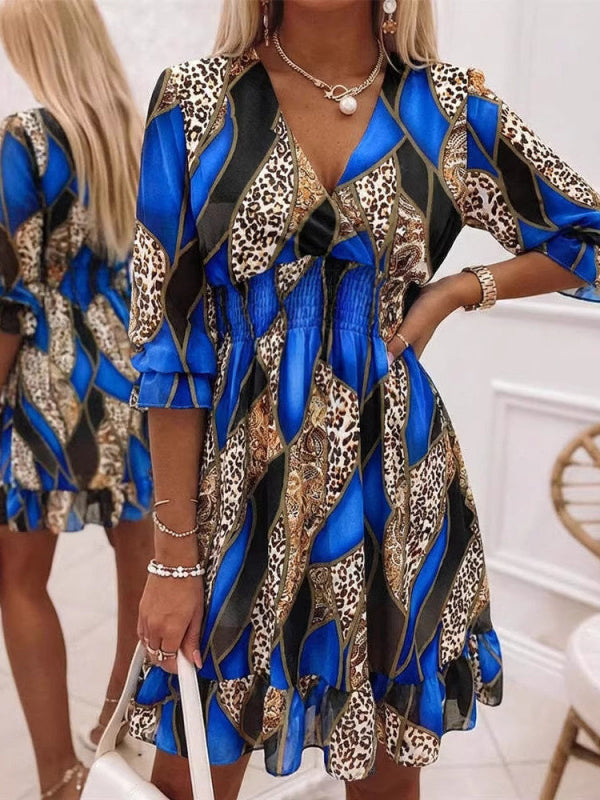 Abito floreale midi manica lunga blu con stampa fantasia | Bella di Roma