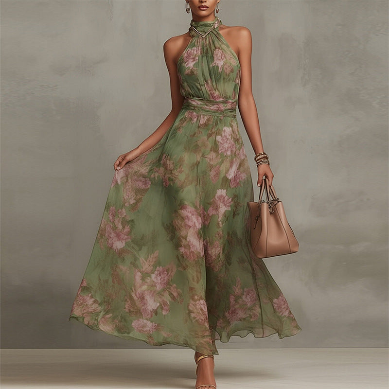 Sofia – Vestito Maxi Floreale con Scollo ad Anello – Verde Oliva Floreale | Bella di Roma