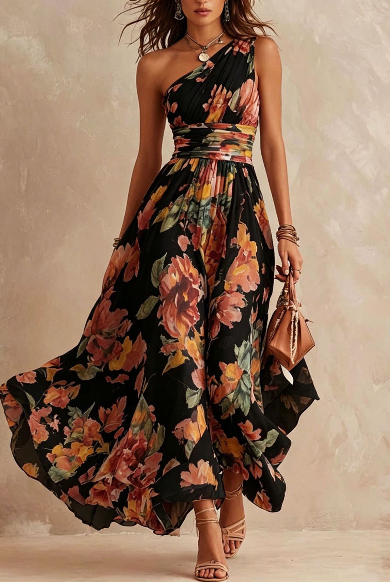Vestito maxi floreale monospalla Aurora in Nero con fiori arancio e rosa - Bella di Roma