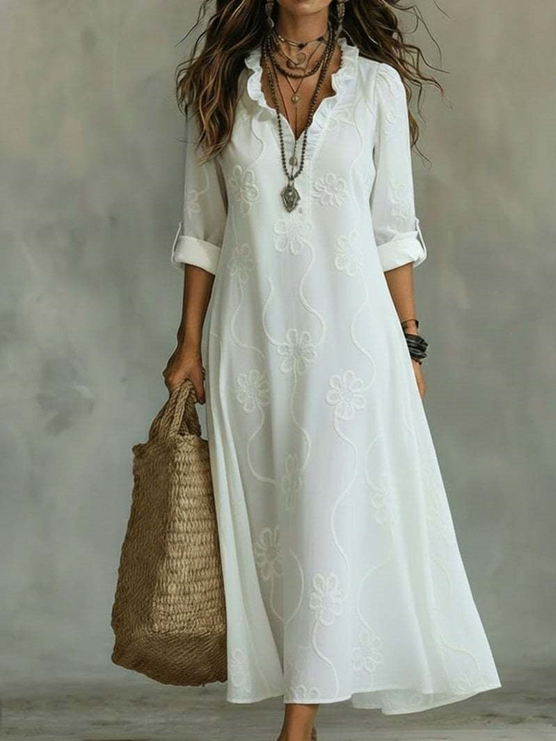 Abito maxi in lino bianco con scollo a V e maniche lunghe - Bella di Roma