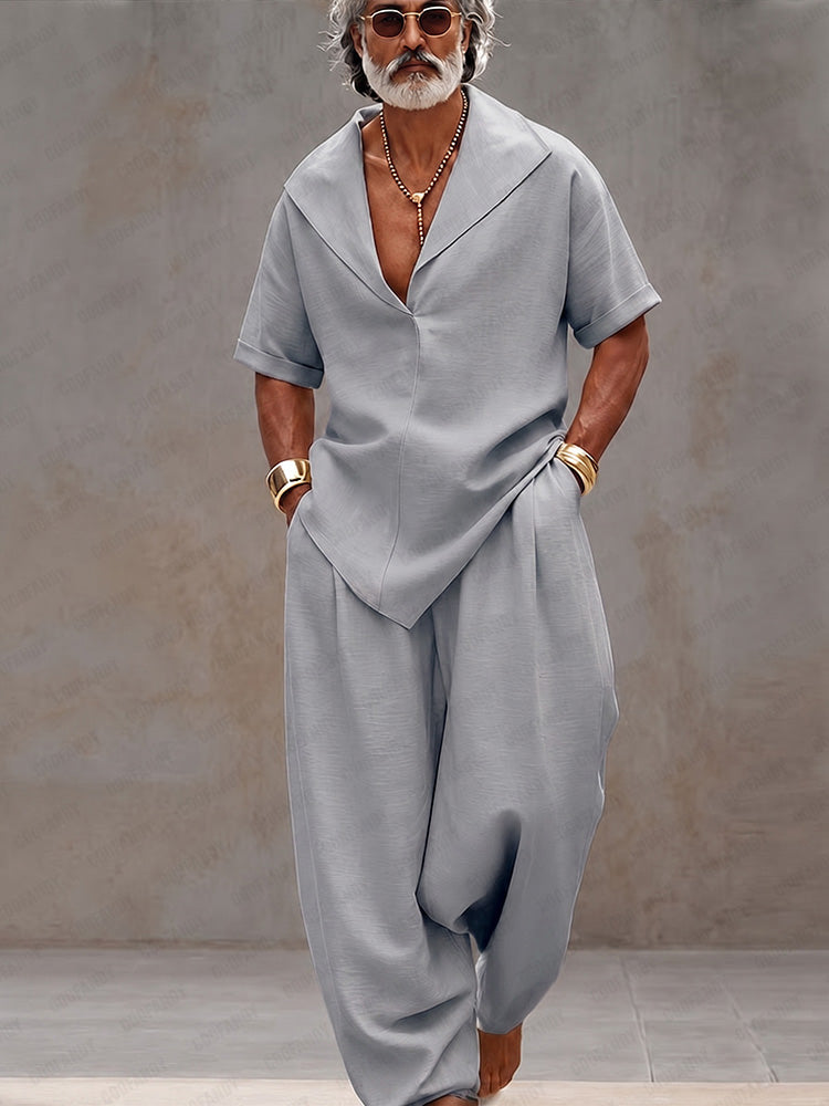 Set coordinato uomo blu chiaro in cotone – camicia e pantaloni larghi | Bella di Roma
