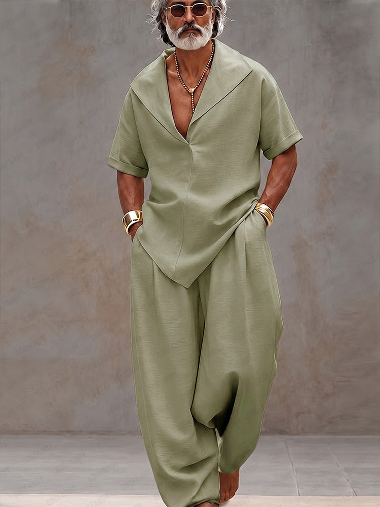 Set coordinato uomo verde salvia in cotone – camicia e pantaloni larghi | Bella di Roma