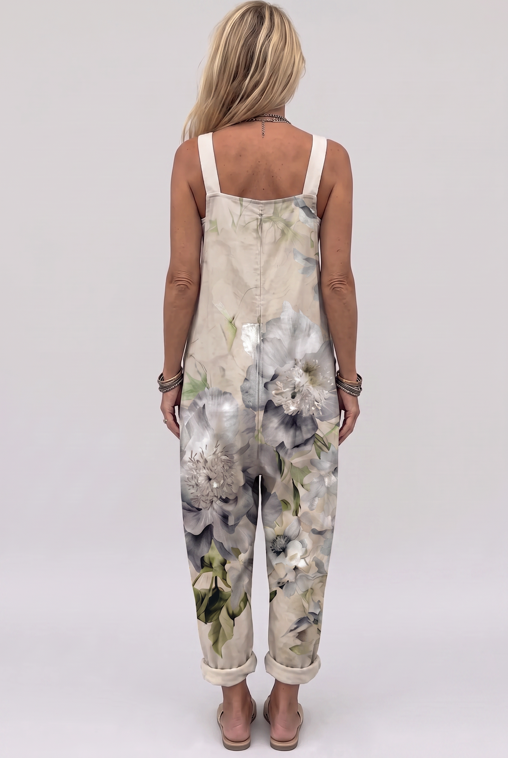 Salopette con Stampa Peonie Grigie – vista laterale | Bella di Roma