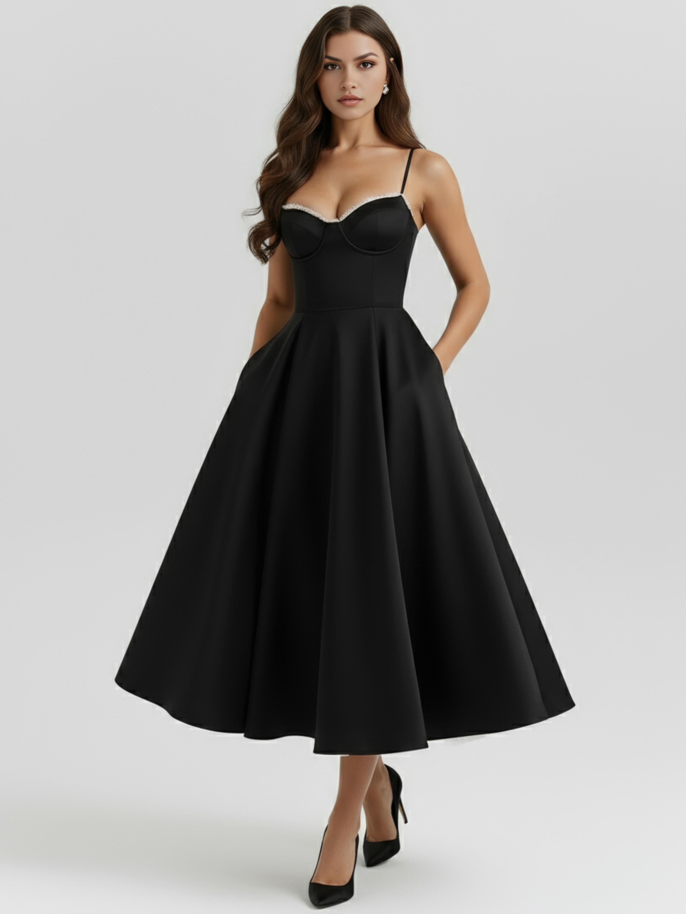 Abito midi Selene nero satin tulle Bella di Roma – silhouette romantica