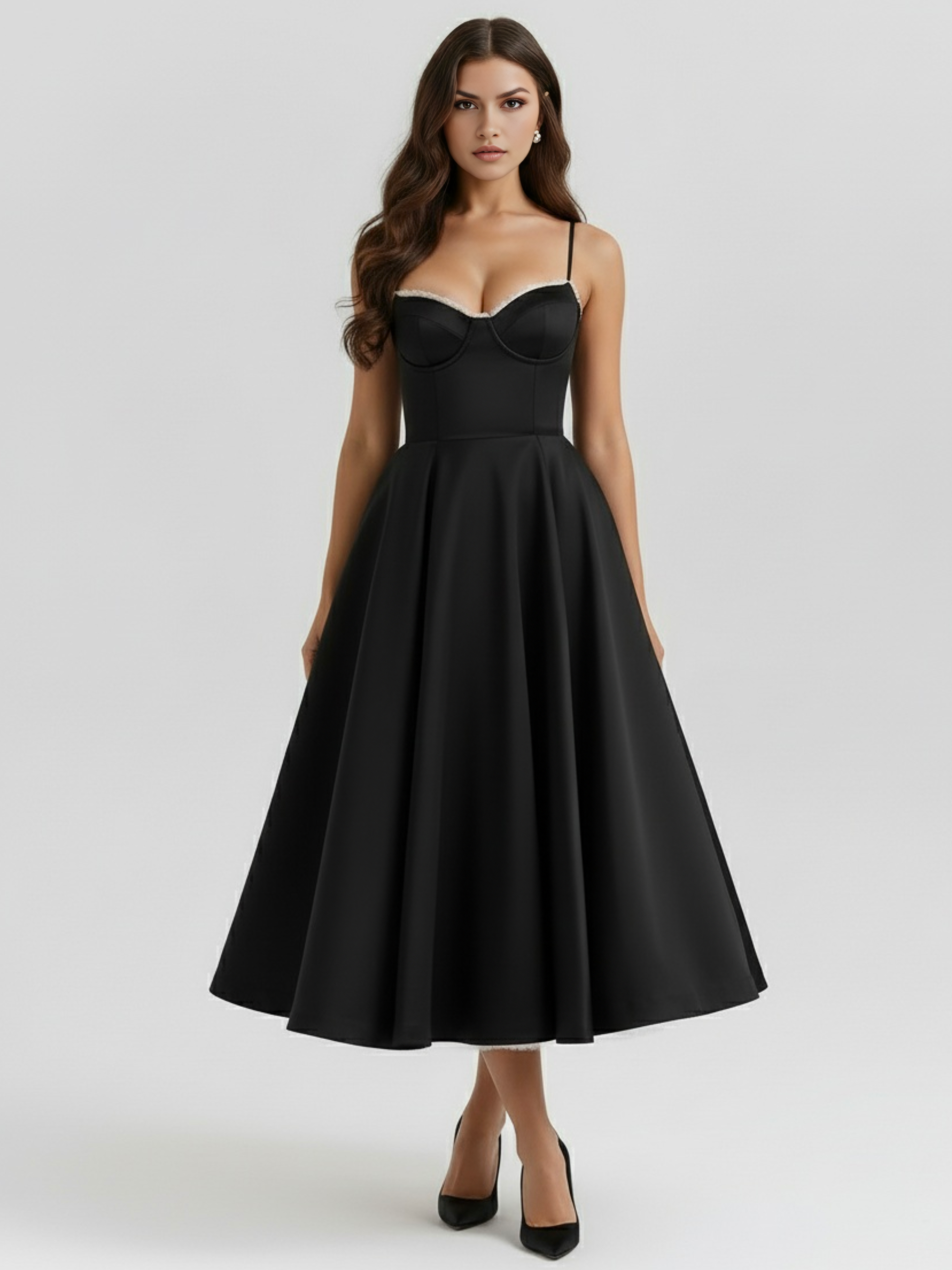Abito midi Selene nero satin tulle Bella di Roma – vista frontale