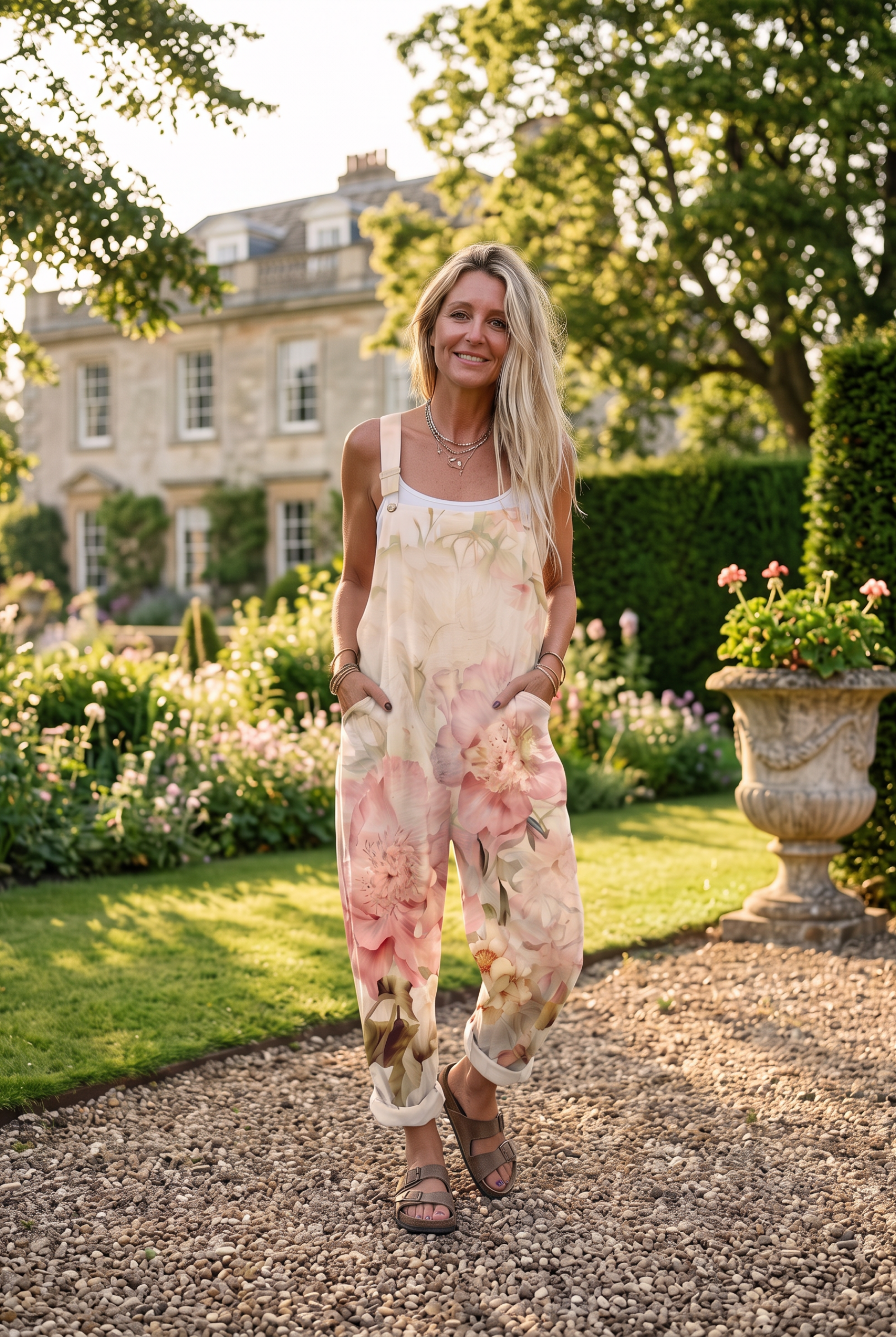 Salopette Primaverile Floreale Beige – lifestyle en plein air | Bella di Roma