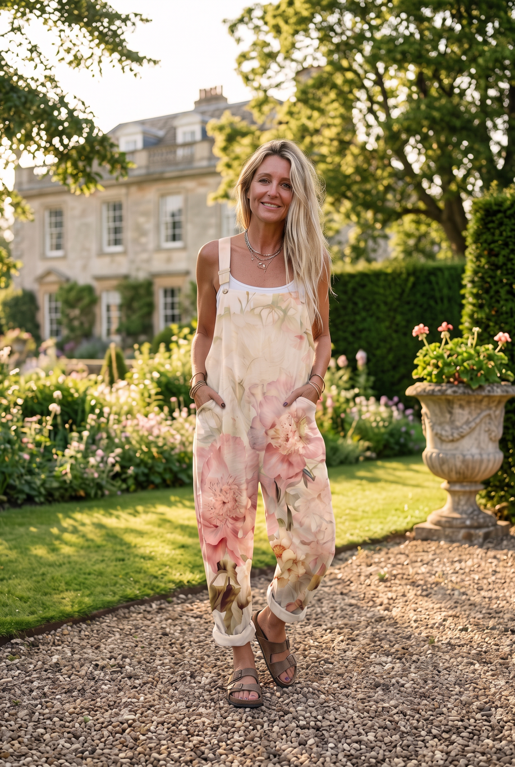 Salopette Primaverile Floreale Beige – lifestyle en plein air | Bella di Roma