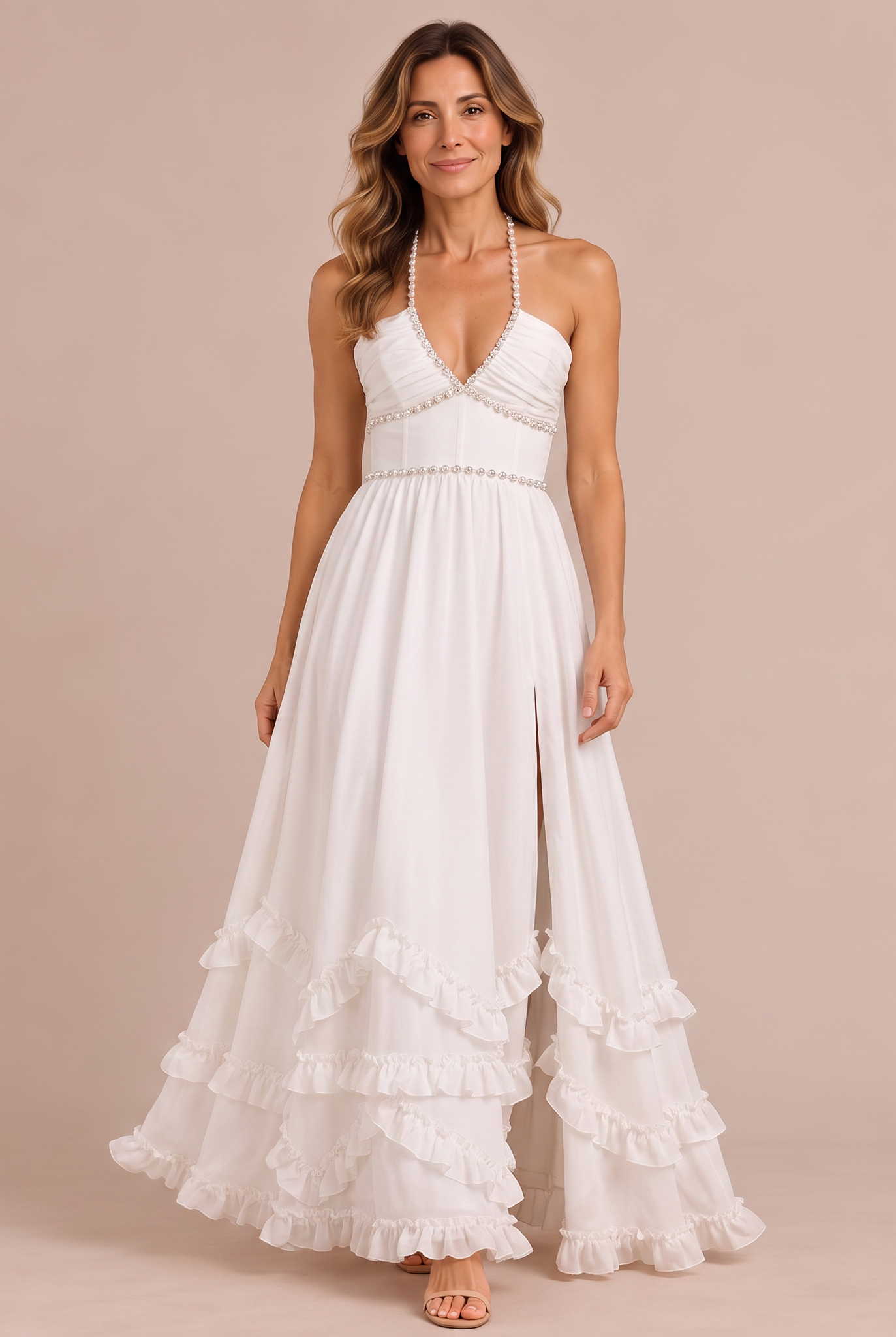 Elena – Vestito Maxi Floreale con Spallina e Perle – Bianco | Bella di Roma