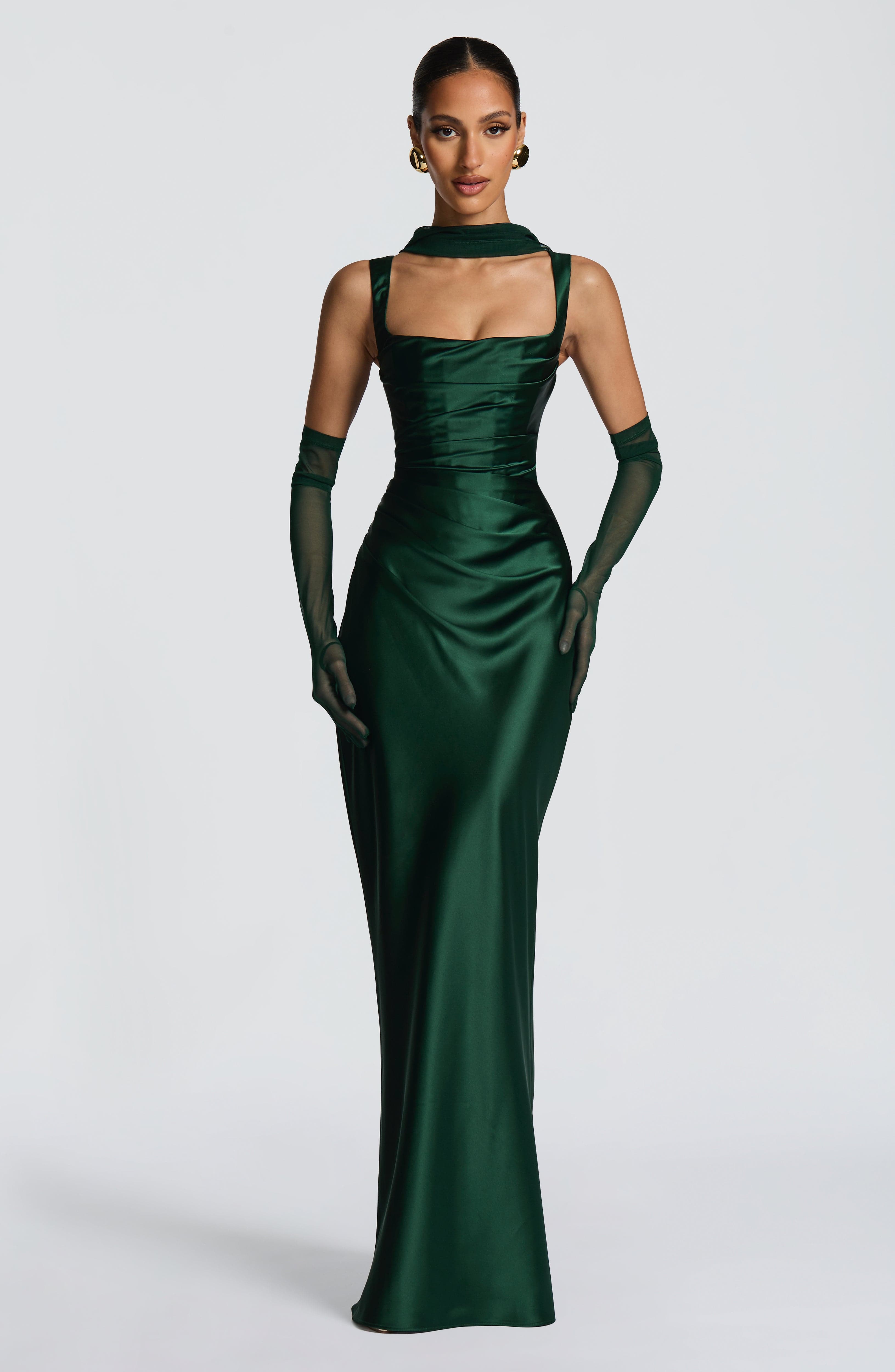 Abito maxi Yolanthe satin verde scuro Bella di Roma – vista frontale