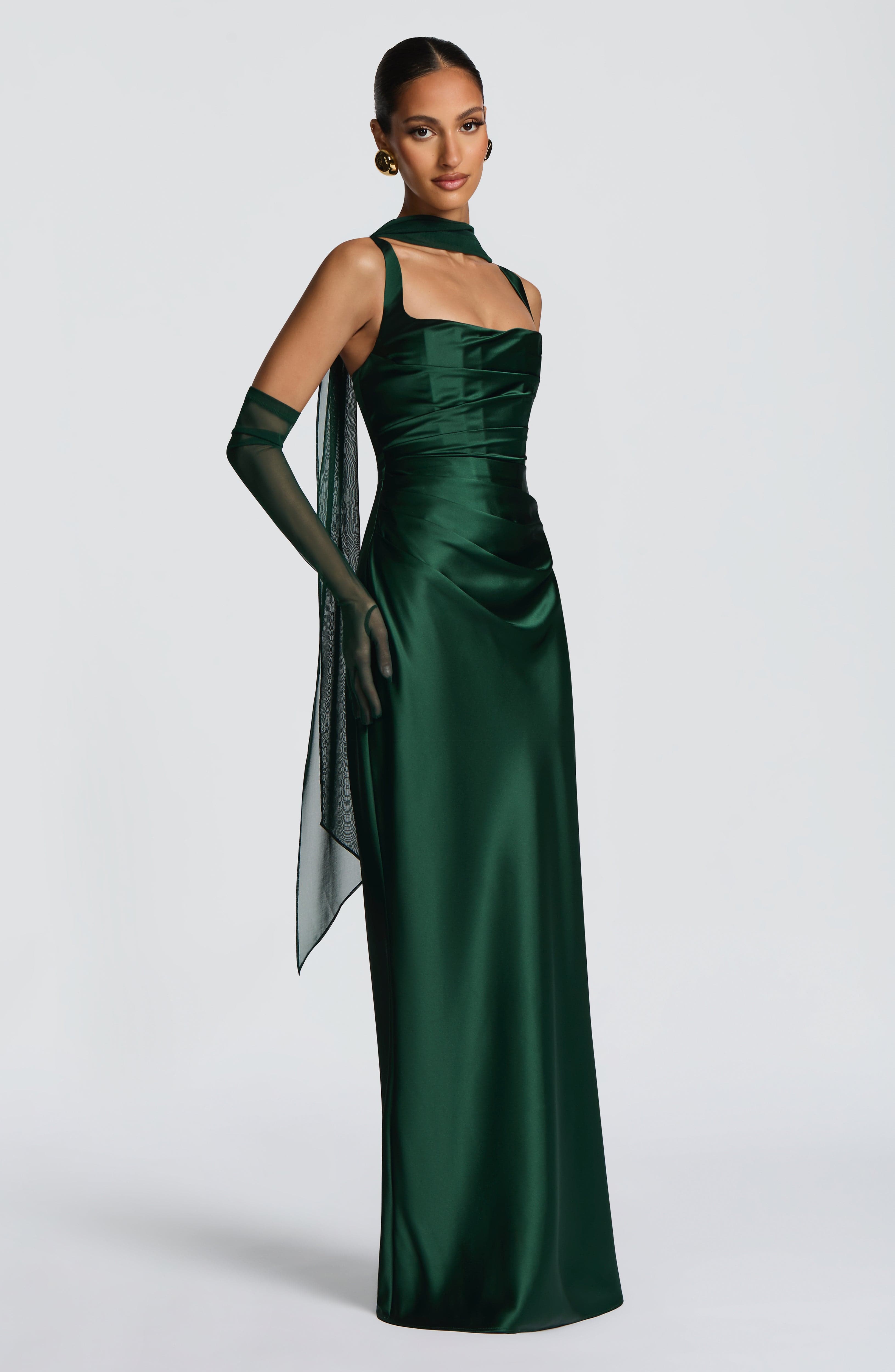 Abito maxi Yolanthe satin verde scuro Bella di Roma – vista laterale