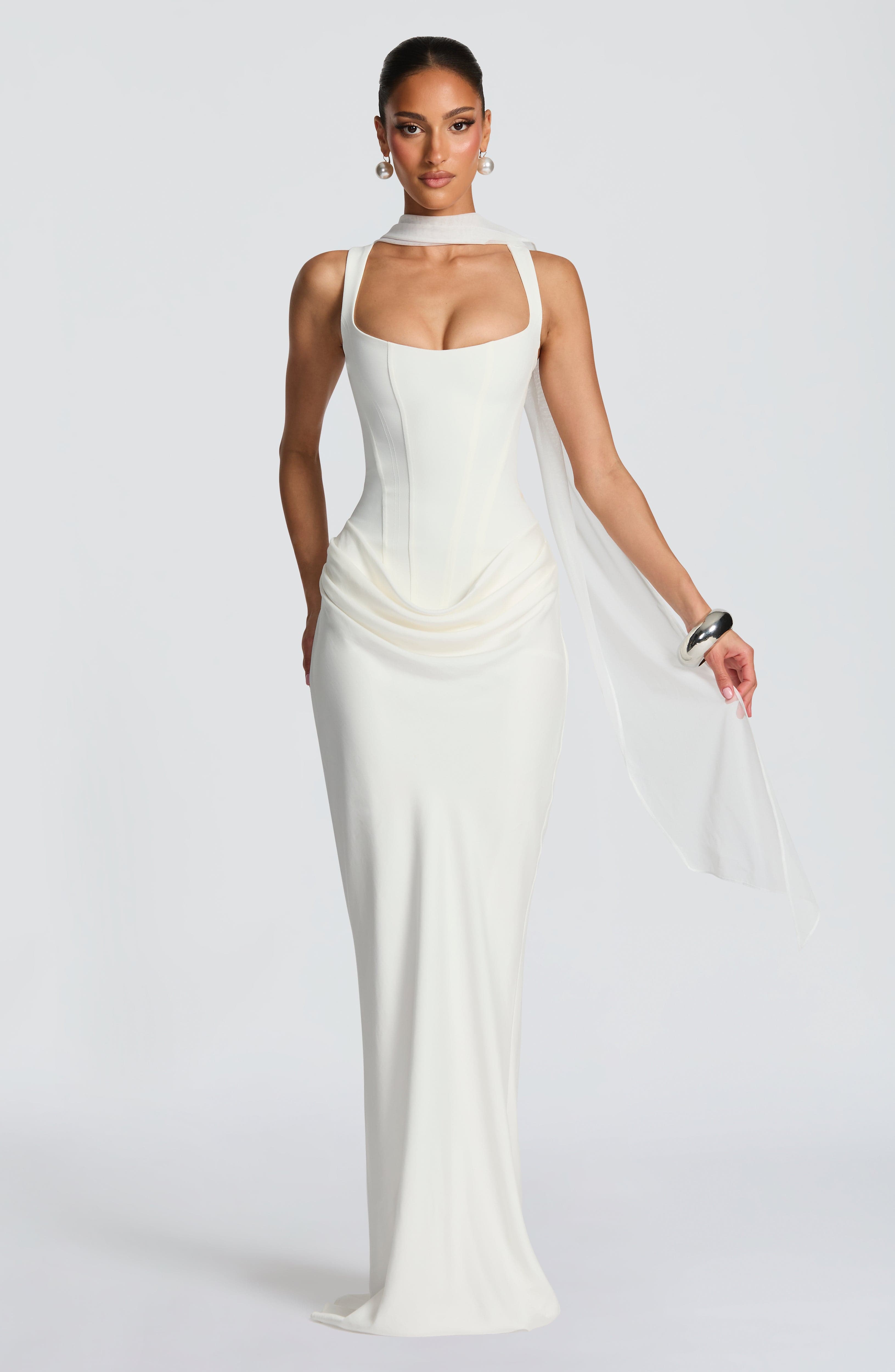 Vestito maxi bodycon Indy avorio Bella di Roma – tessuto lussuoso