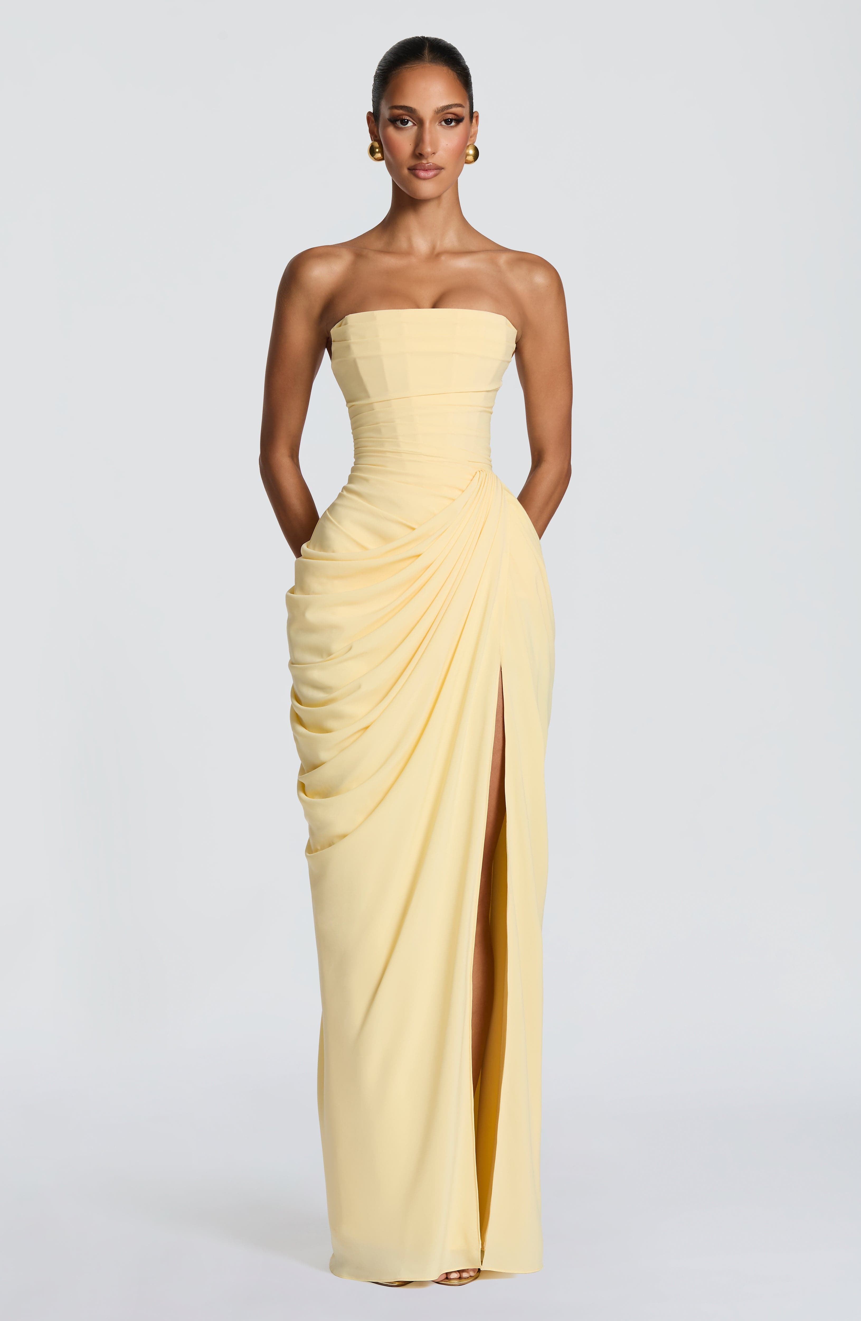 Abito maxi Lois corsetto limone Bella di Roma – spacco alto
