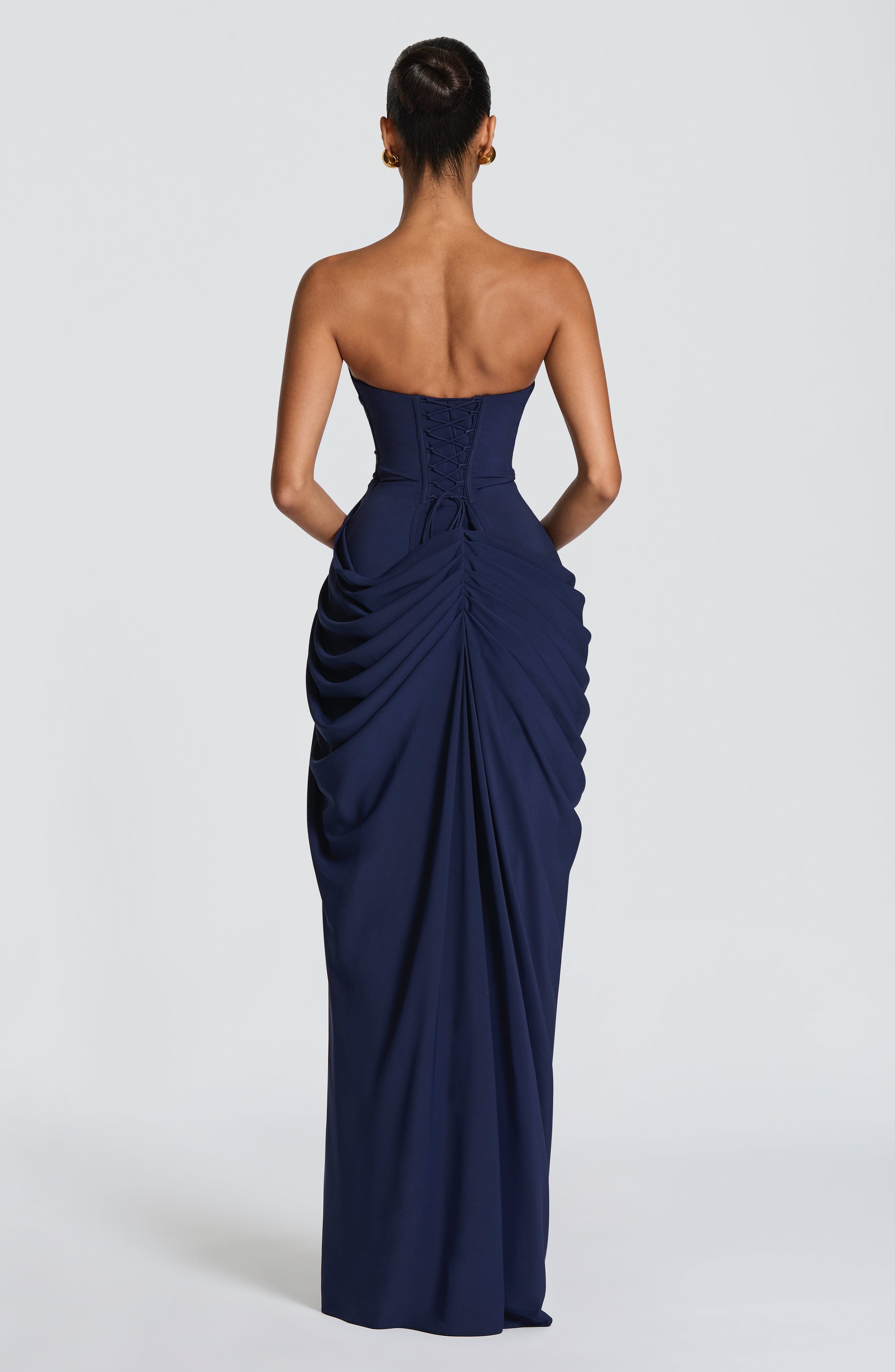 Abito maxi Lois corsetto blu marino Bella di Roma – silhouette scultorea