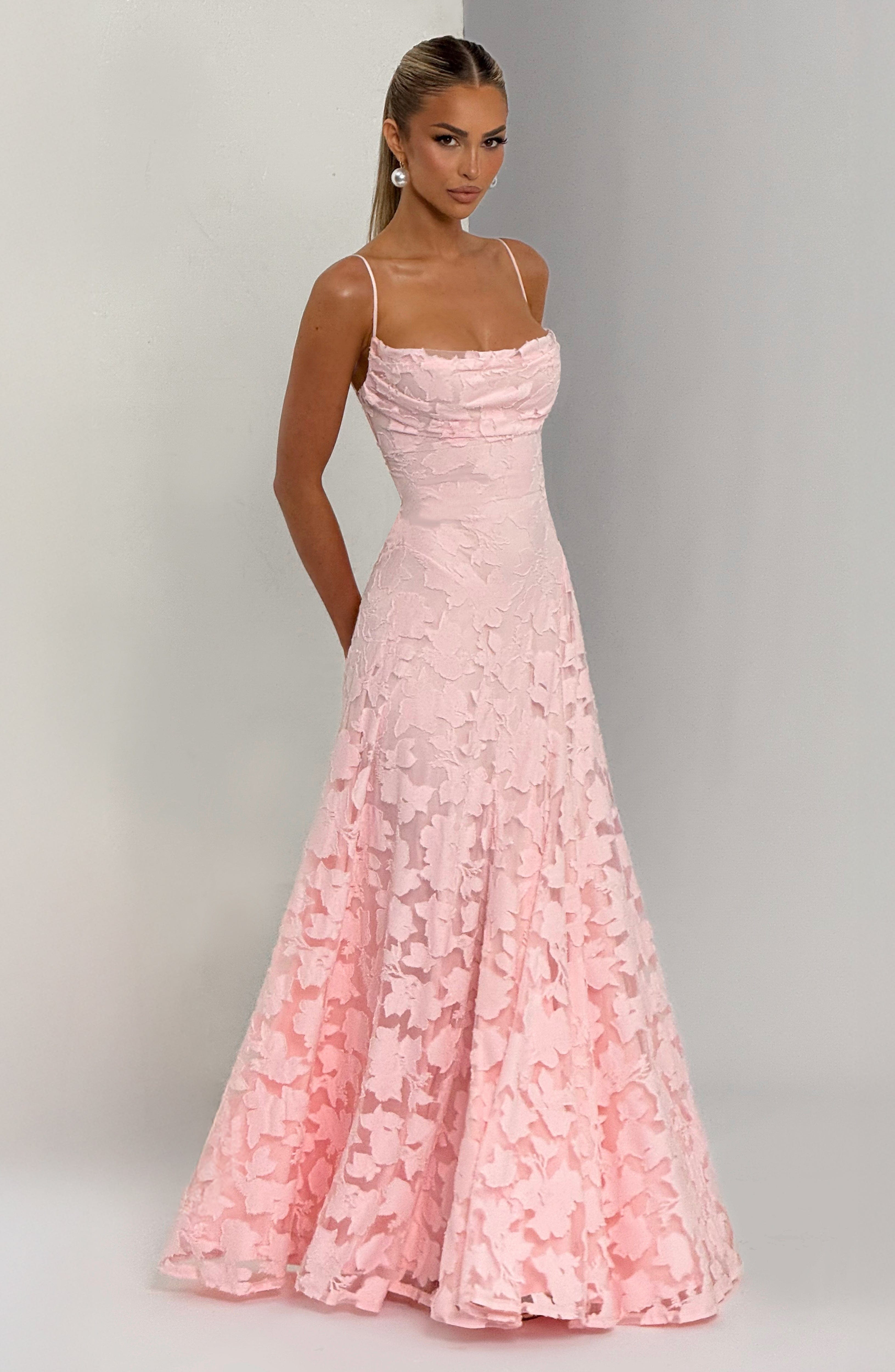 Abito maxi Elise Gingham rosa Bella di Roma – silhouette femminile