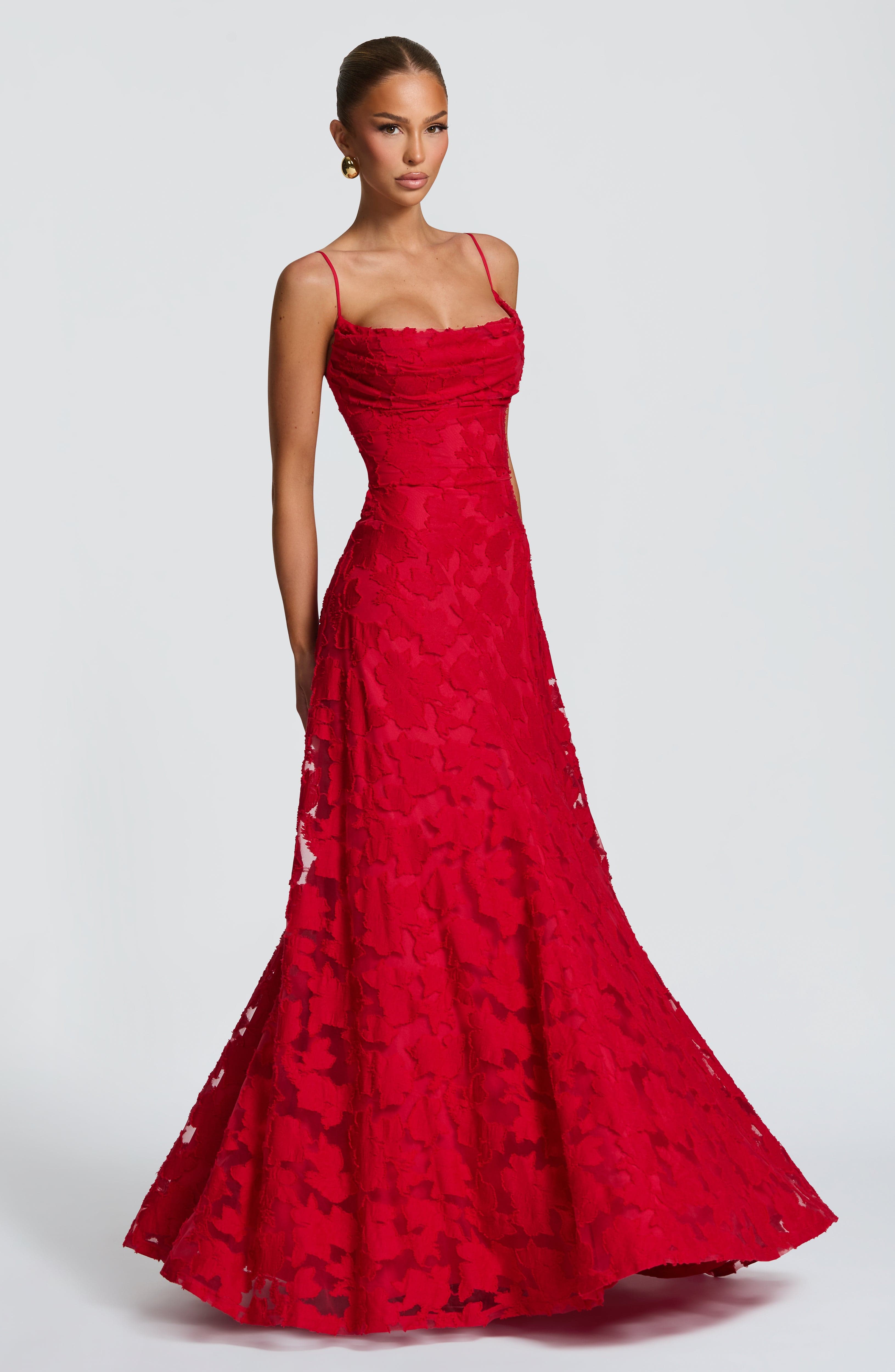 Abito maxi Elise Gingham rosso Bella di Roma – gonna a godet