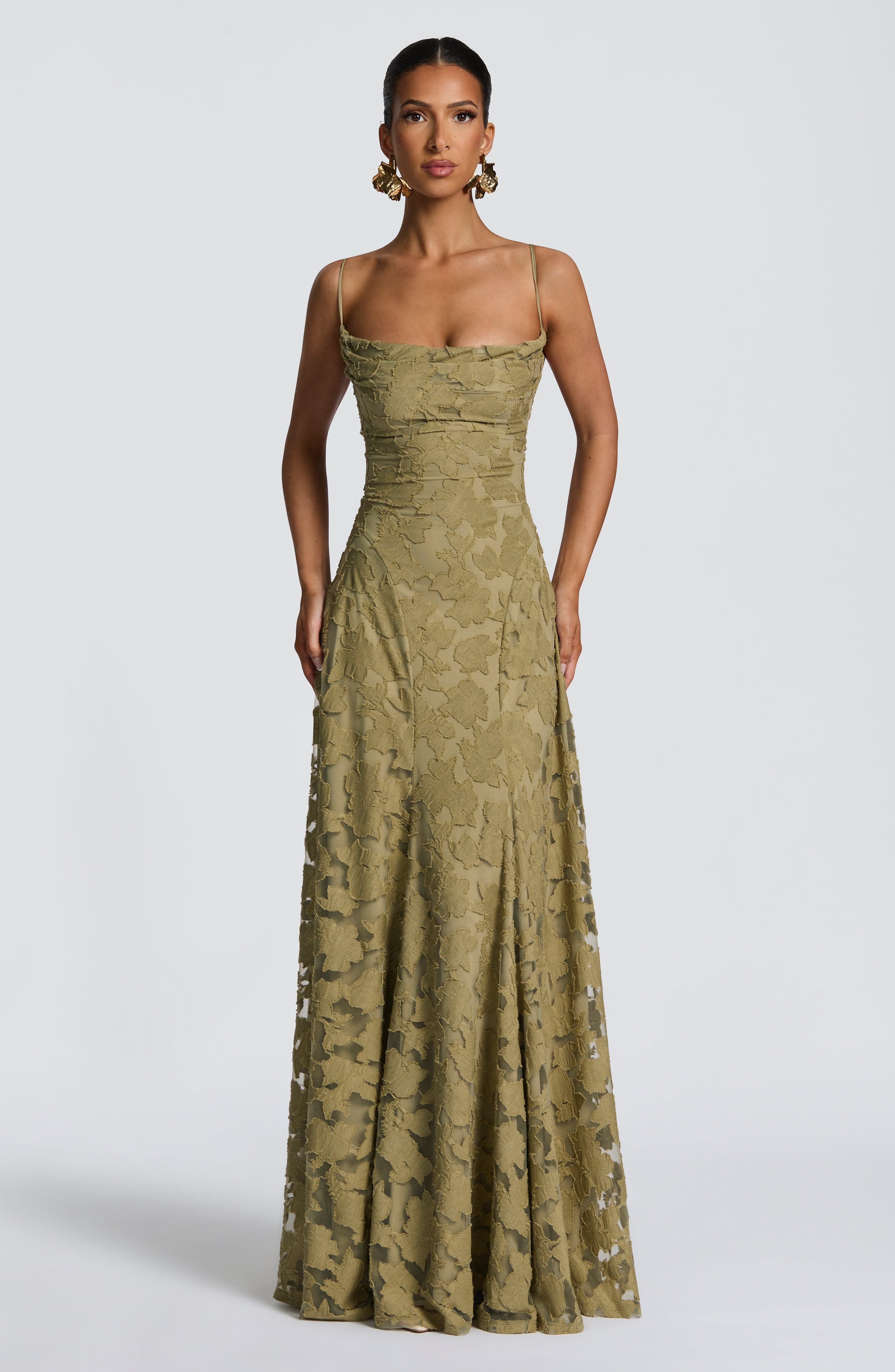 Abito maxi Elise Gingham verde Bella di Roma – silhouette femminile