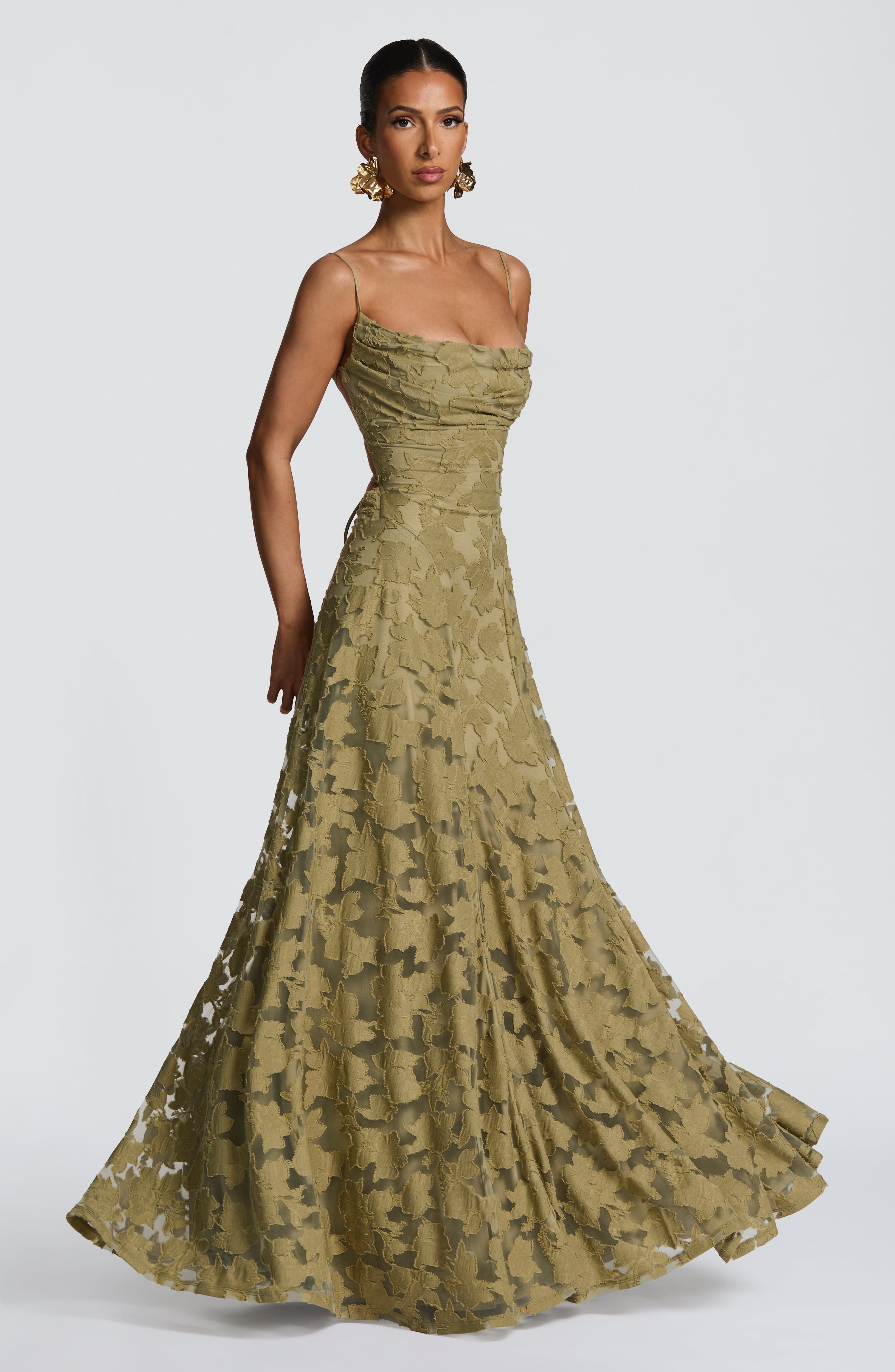 Abito maxi Elise Gingham verde Bella di Roma – vista laterale