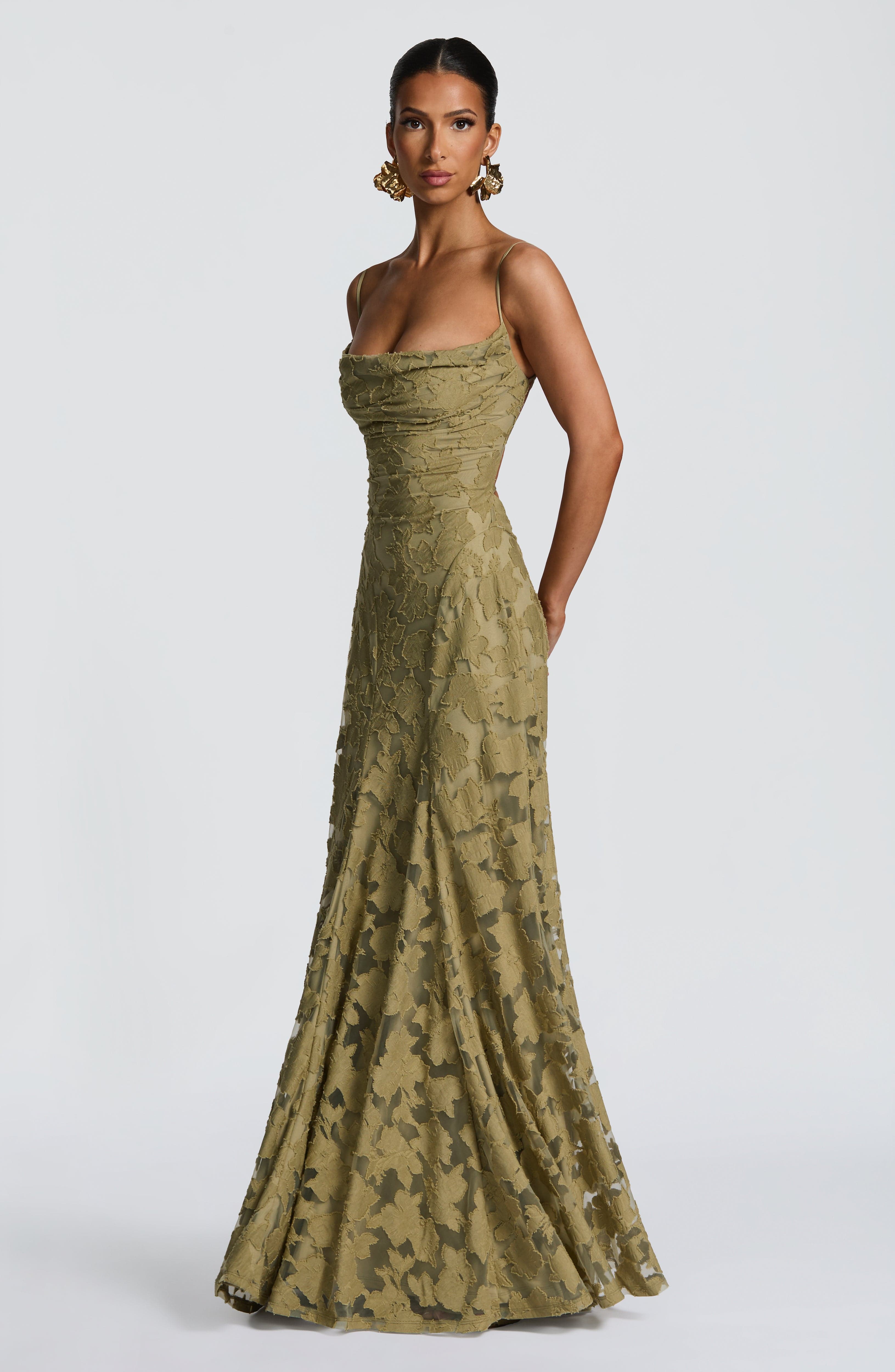 Abito maxi Elise Gingham verde Bella di Roma – gonna a godet